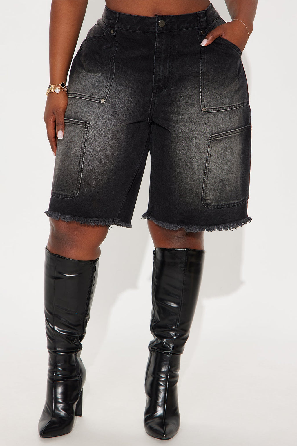 Out Of Your Way Utility Denim Jorts - Black Wash