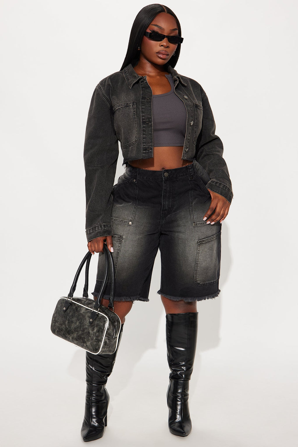 Out Of Your Way Utility Denim Jorts - Black Wash