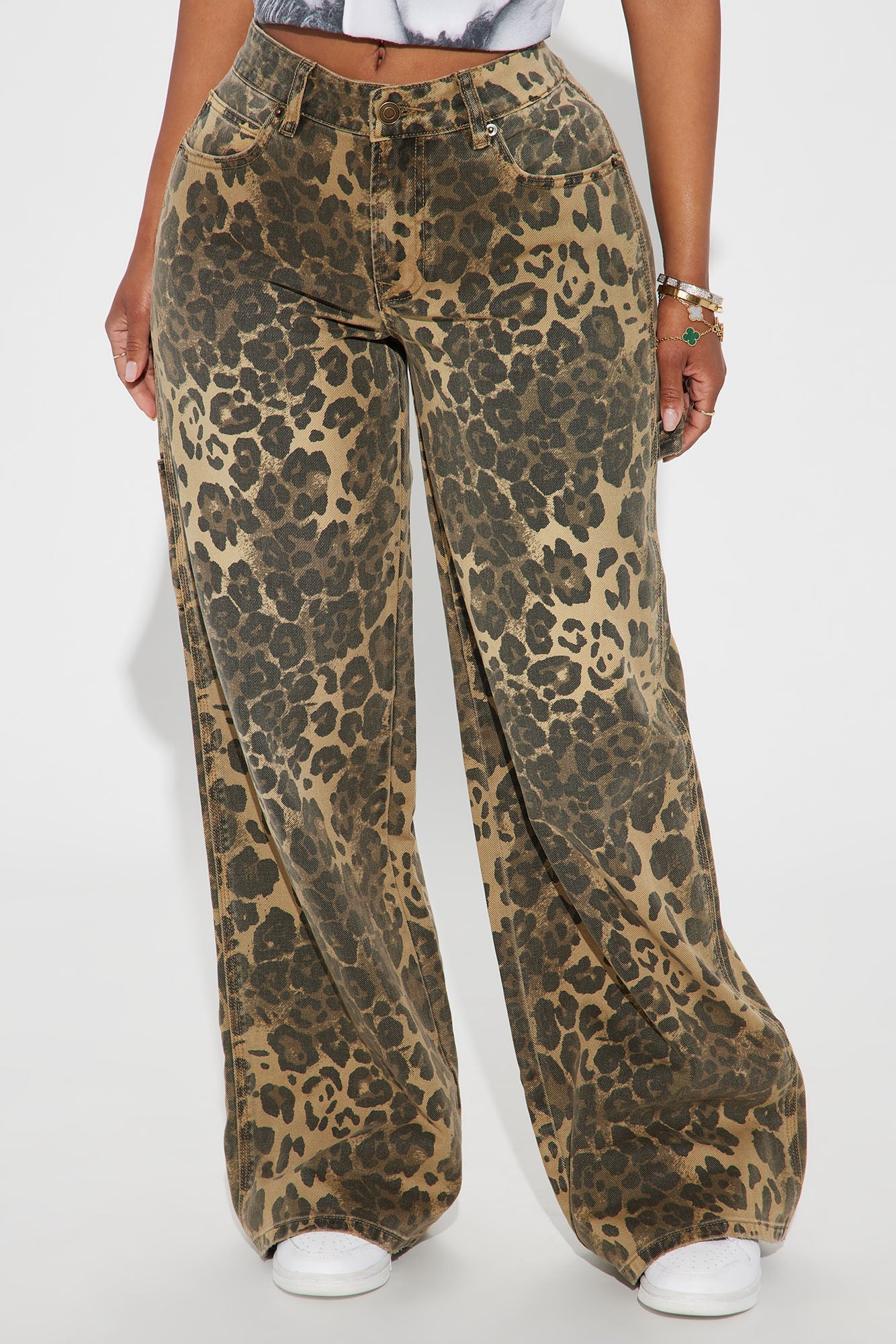 Prowling Leopard Print Utility Straight Leg Jeans - Brown Combo