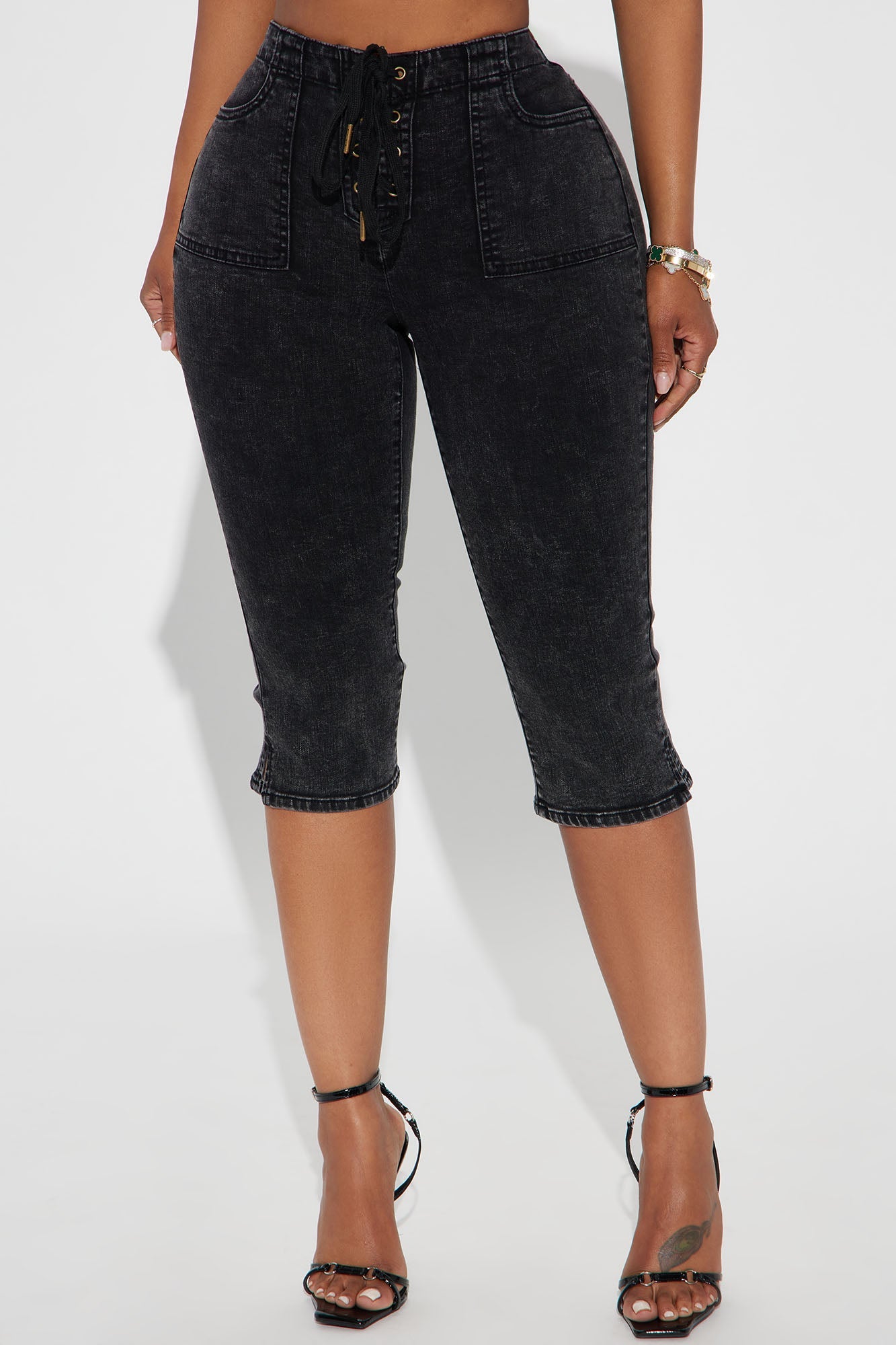 Leveled Up Lace Up Stretch Denim Capris - Black Wash