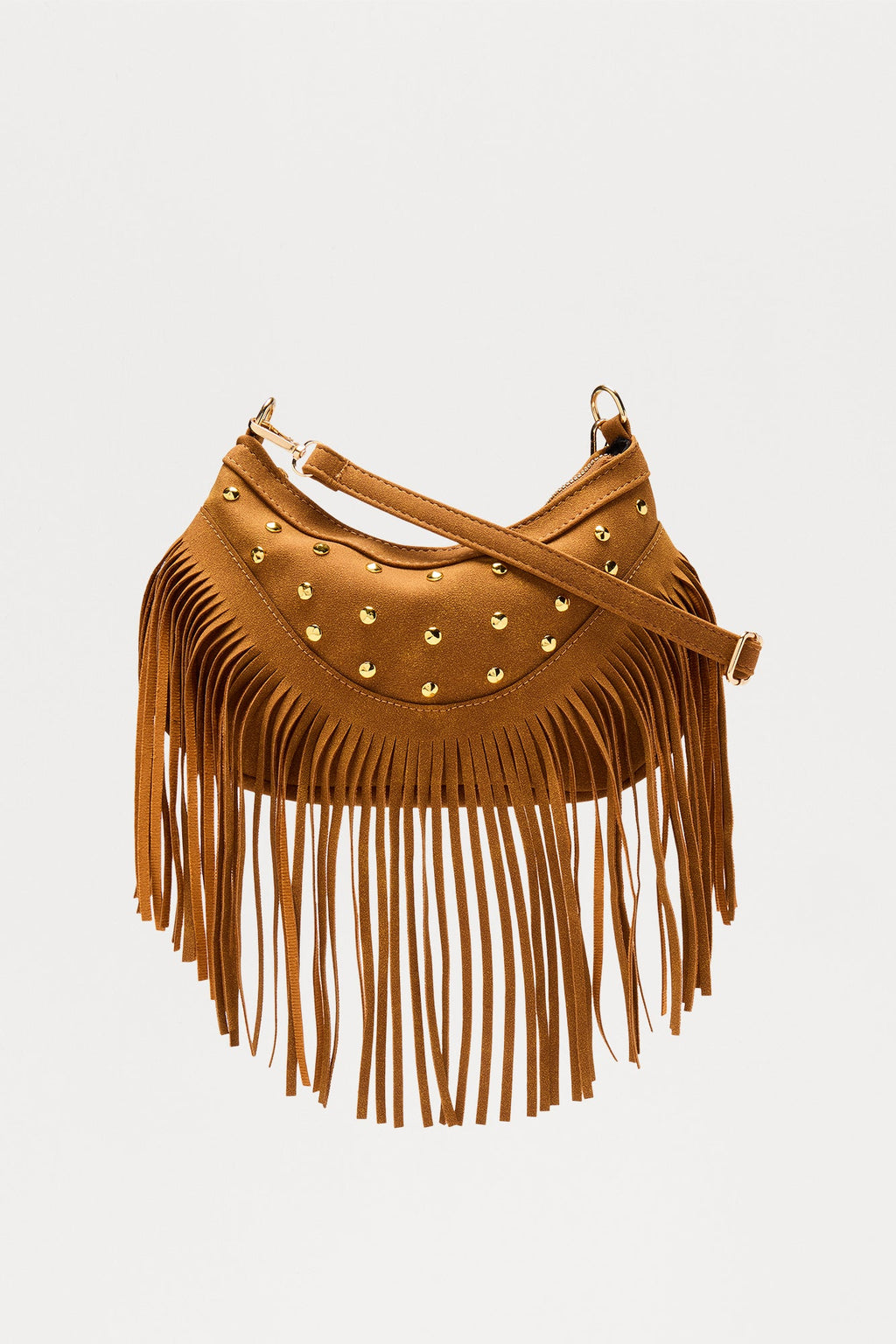 Wild Night Studded Fringe Shoulder Handbag - Cognac