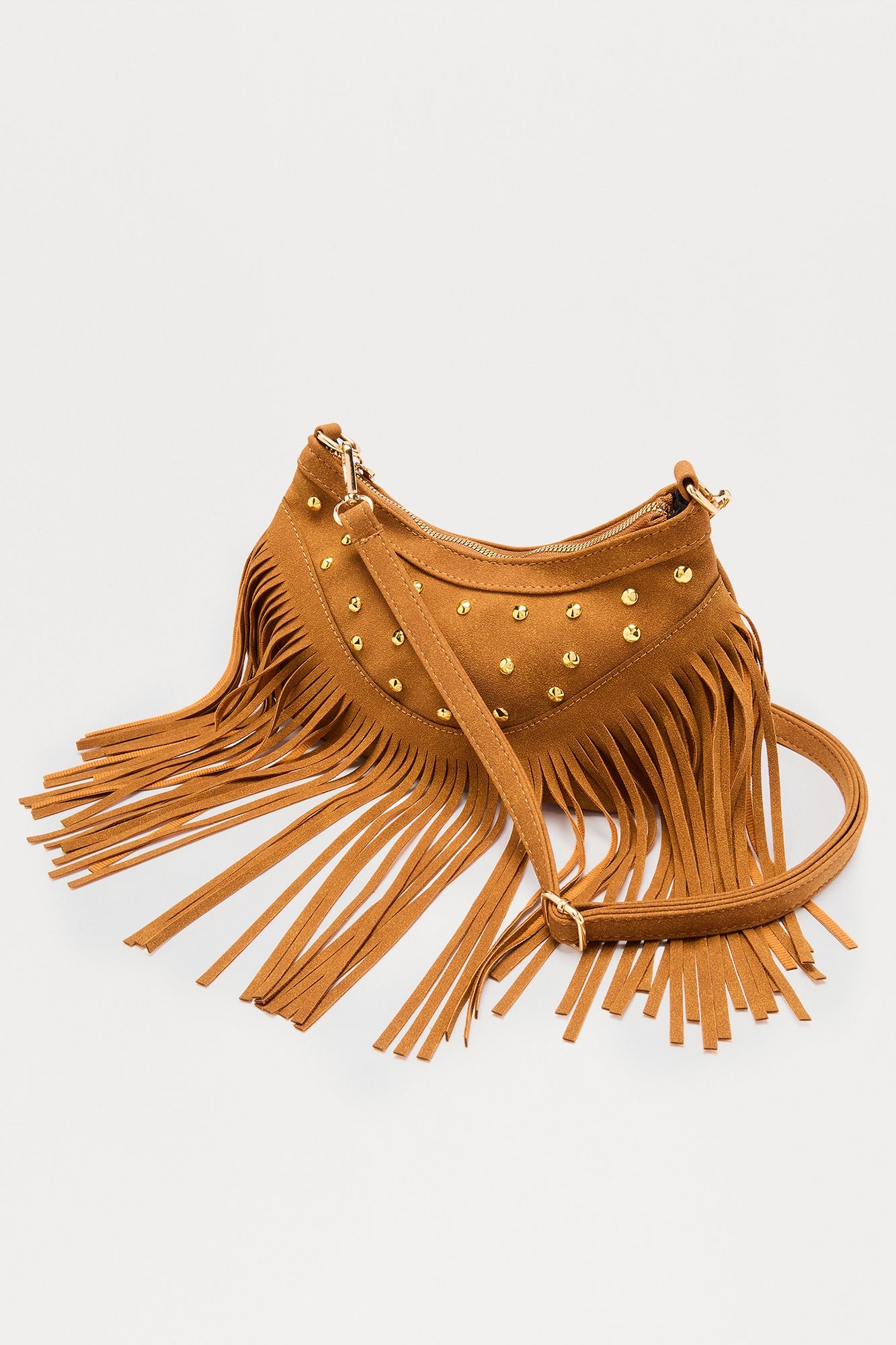 Wild Night Studded Fringe Shoulder Handbag - Cognac