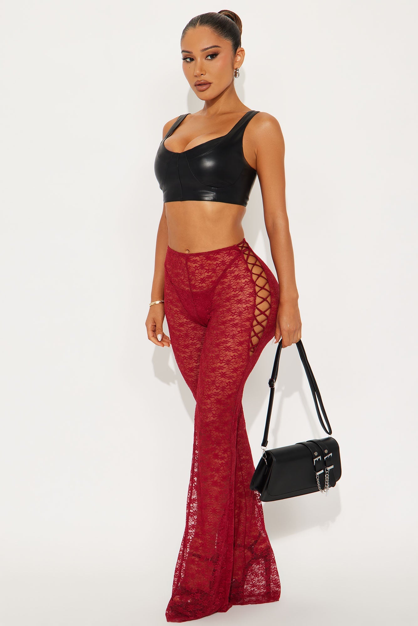 Ysabel Lace Up Flare Pant - Wine