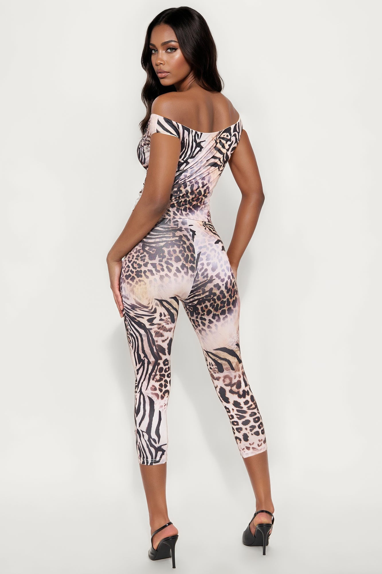 Kiara Off Shoulder Leopard Capri Set - Black/combo
