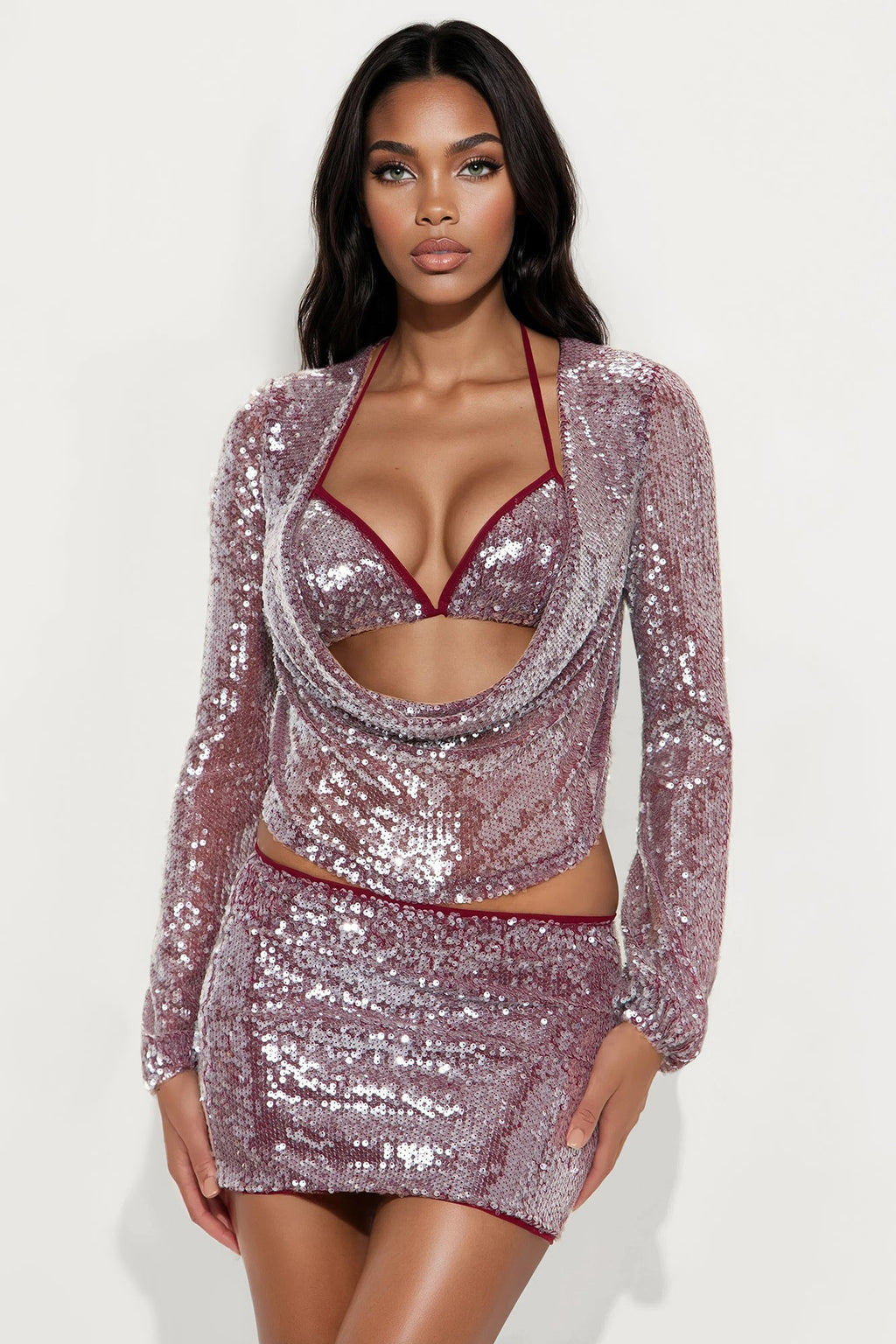 Glistening Goddess Sequin 3 Piece Skirt Set - Burgundy