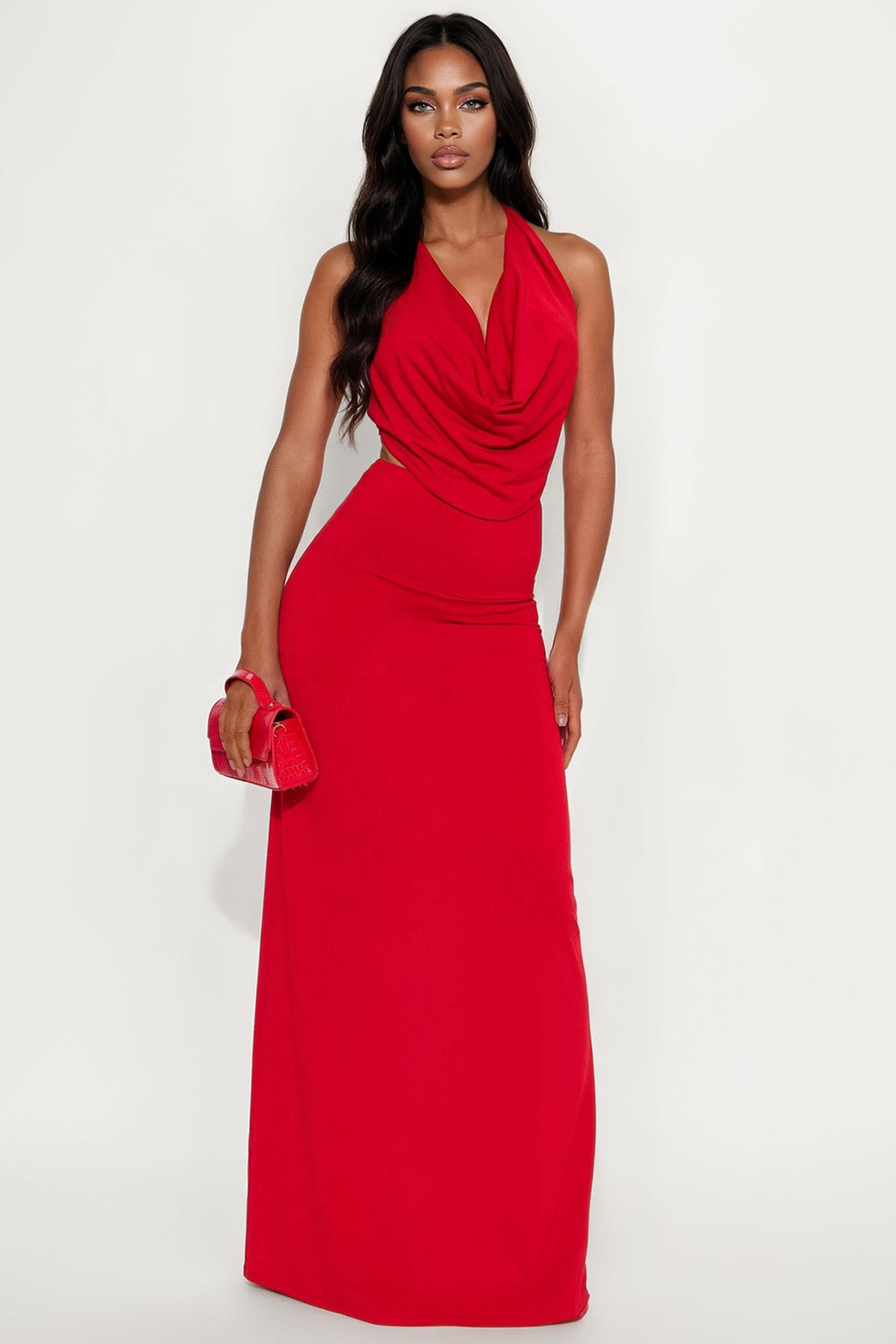 Maya Double Lined Backless Halter Maxi Skirt Set - Red