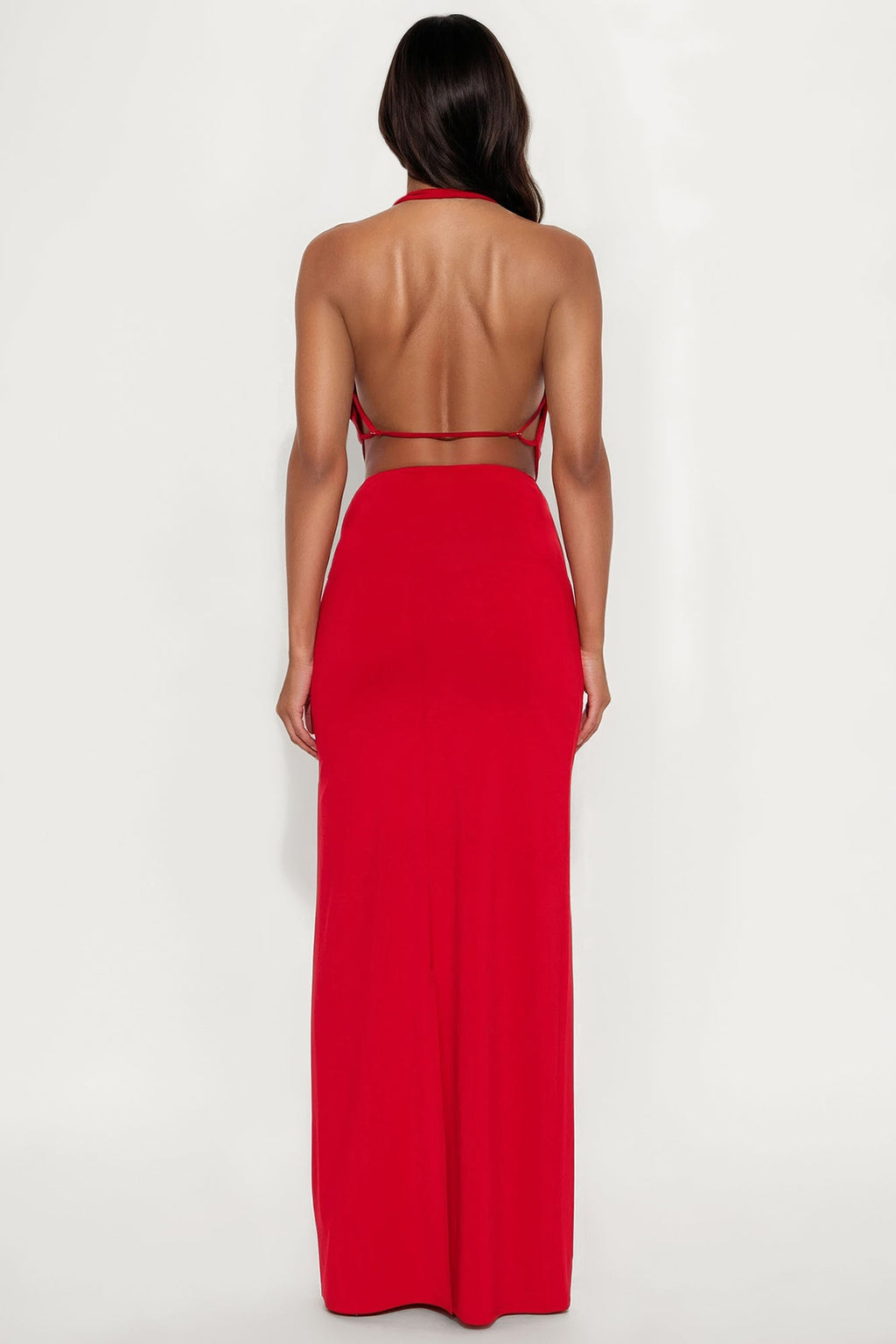 Maya Double Lined Backless Halter Maxi Skirt Set - Red