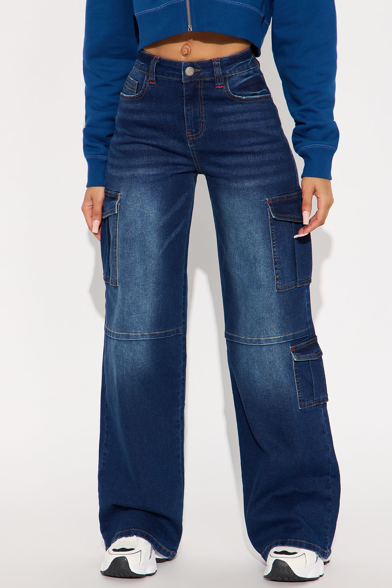 In The Bleachers Cargo Wide Leg Jeans - Dark Wash