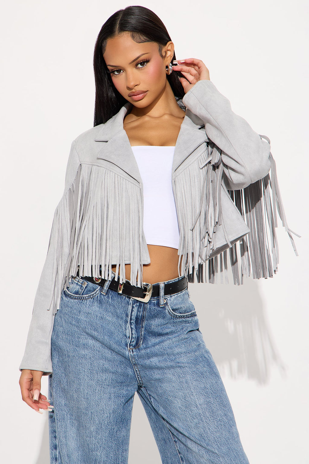 Rodeo Ready Fringe Faux Suede Jacket - Light Grey