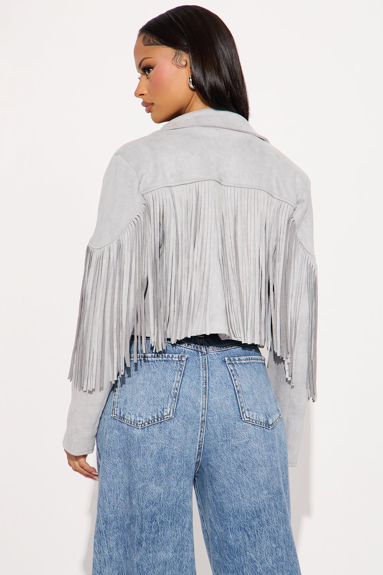 Rodeo Ready Fringe Faux Suede Jacket - Light Grey