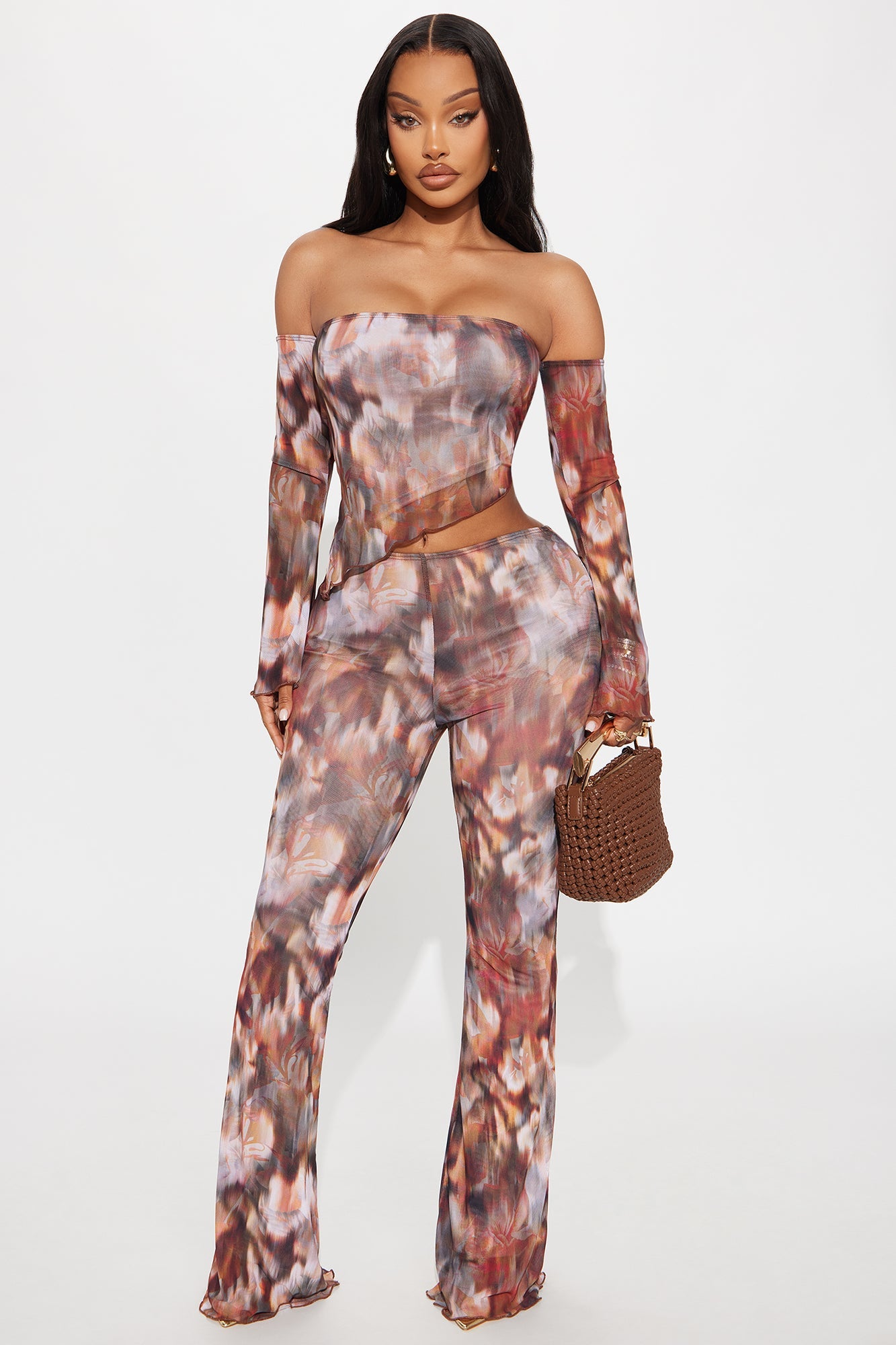 Miranda Mesh Asymmetrical Pant Set - Brown/combo