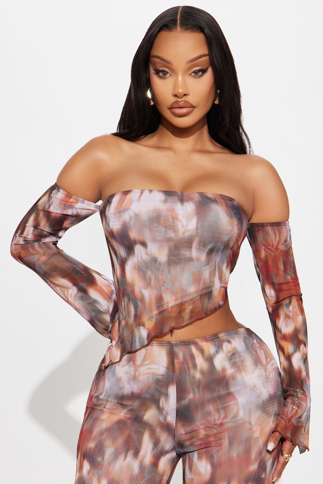 Miranda Mesh Asymmetrical Pant Set - Brown/combo