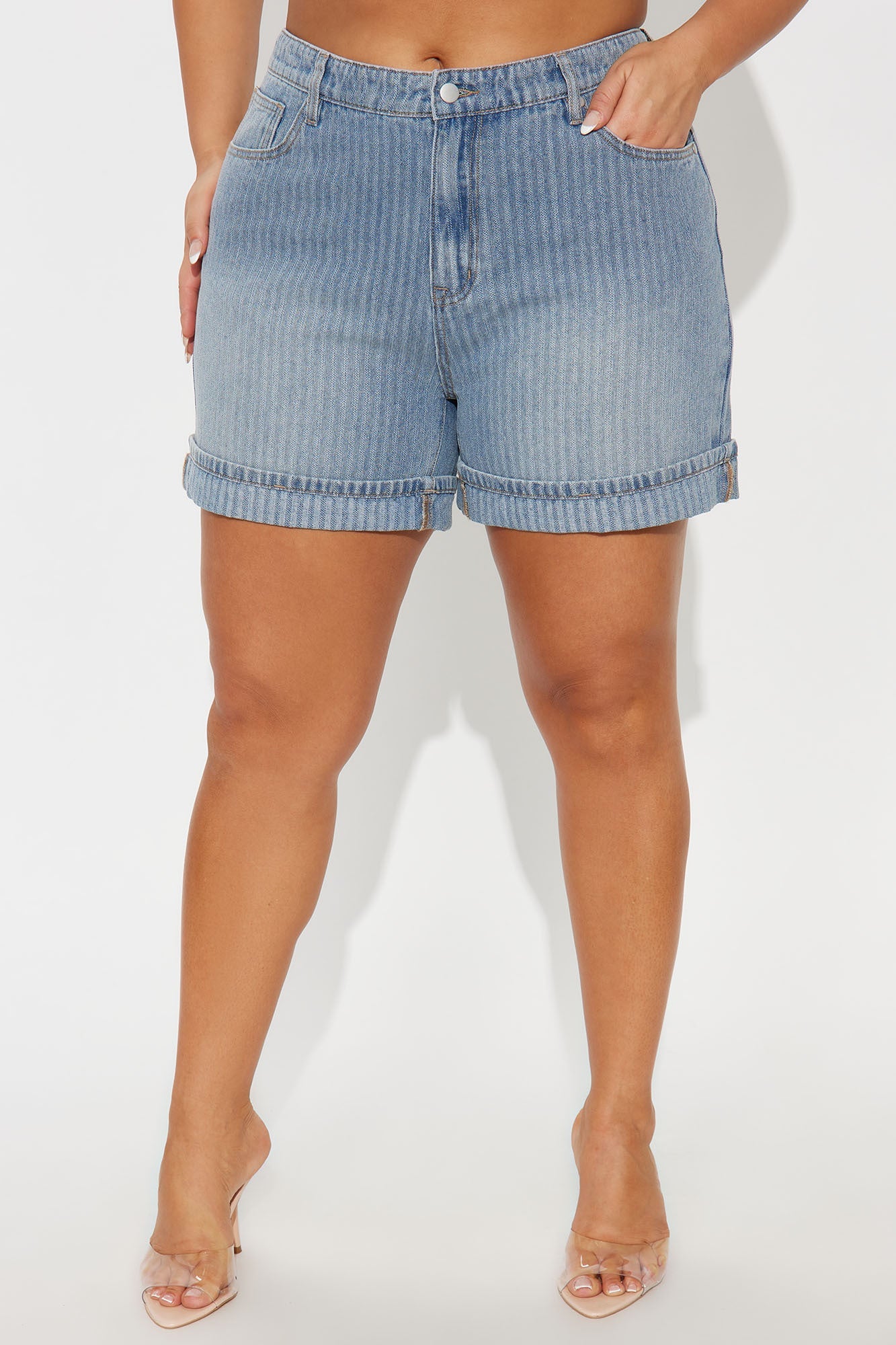 Catch Up Stripe Cuffed Denim Shorts - Vintage Wash