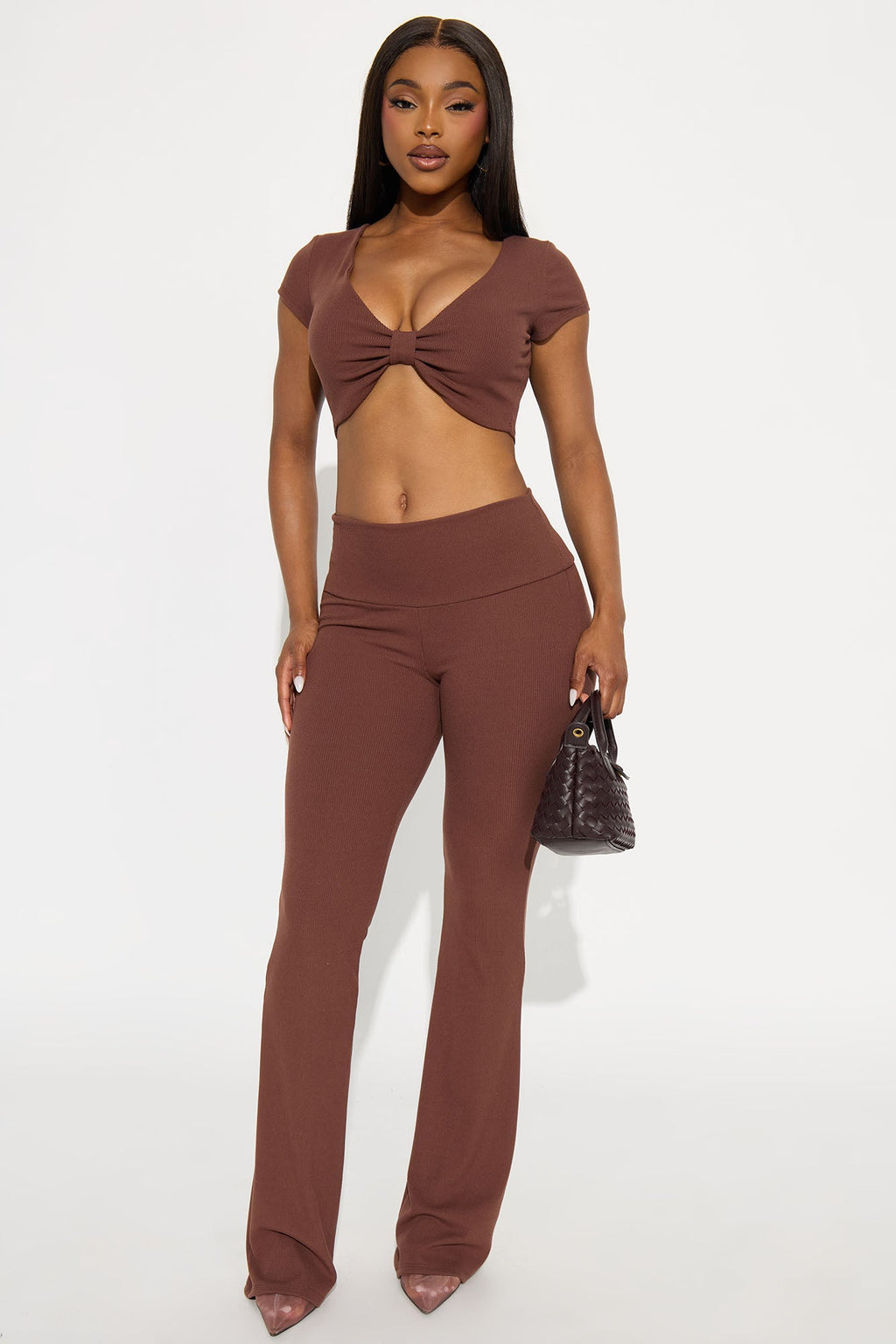 Pilates Princess Bow Flare Leg Pant Set - Mocha