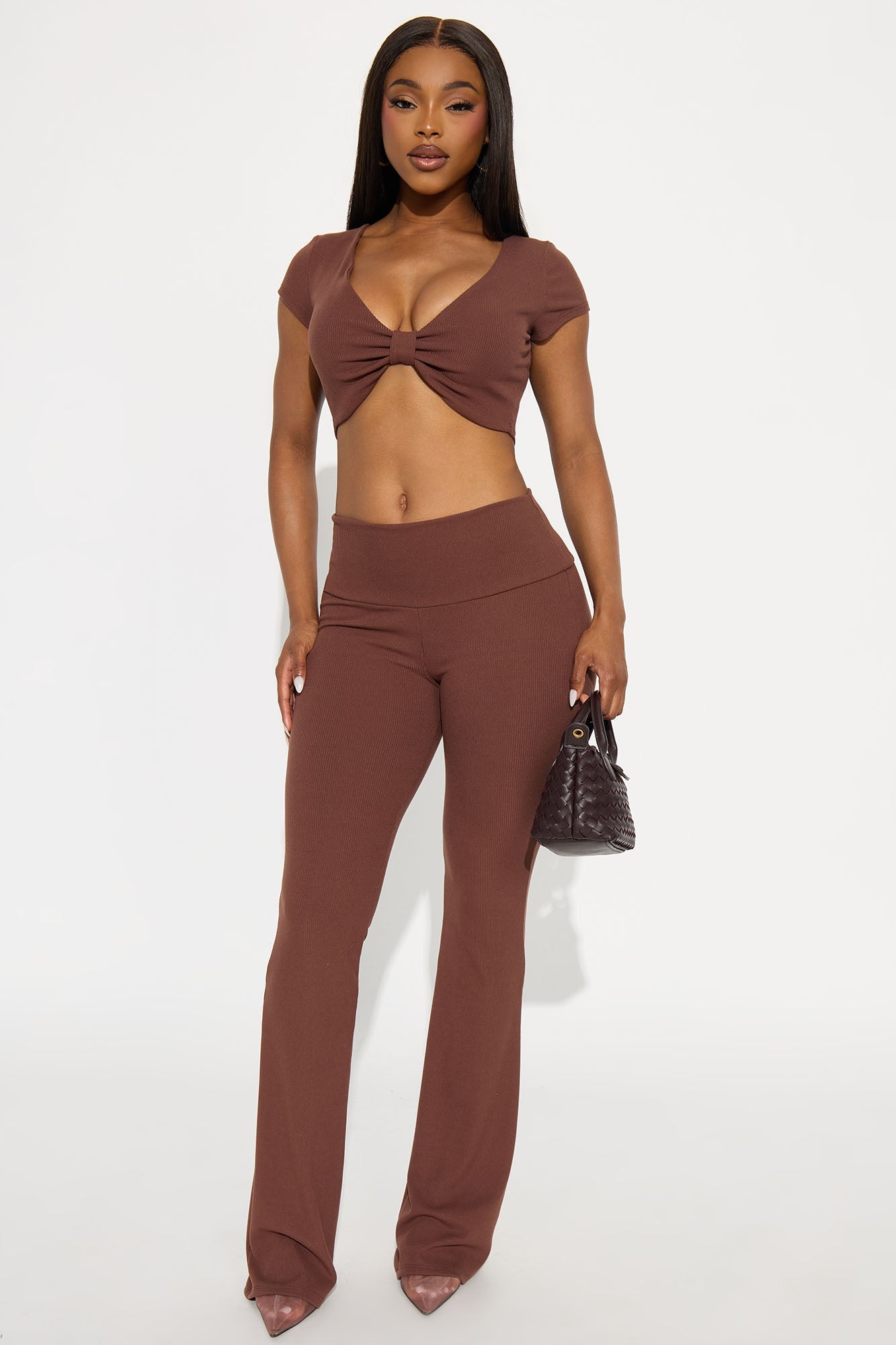 Pilates Princess Bow Flare Leg Pant Set - Mocha