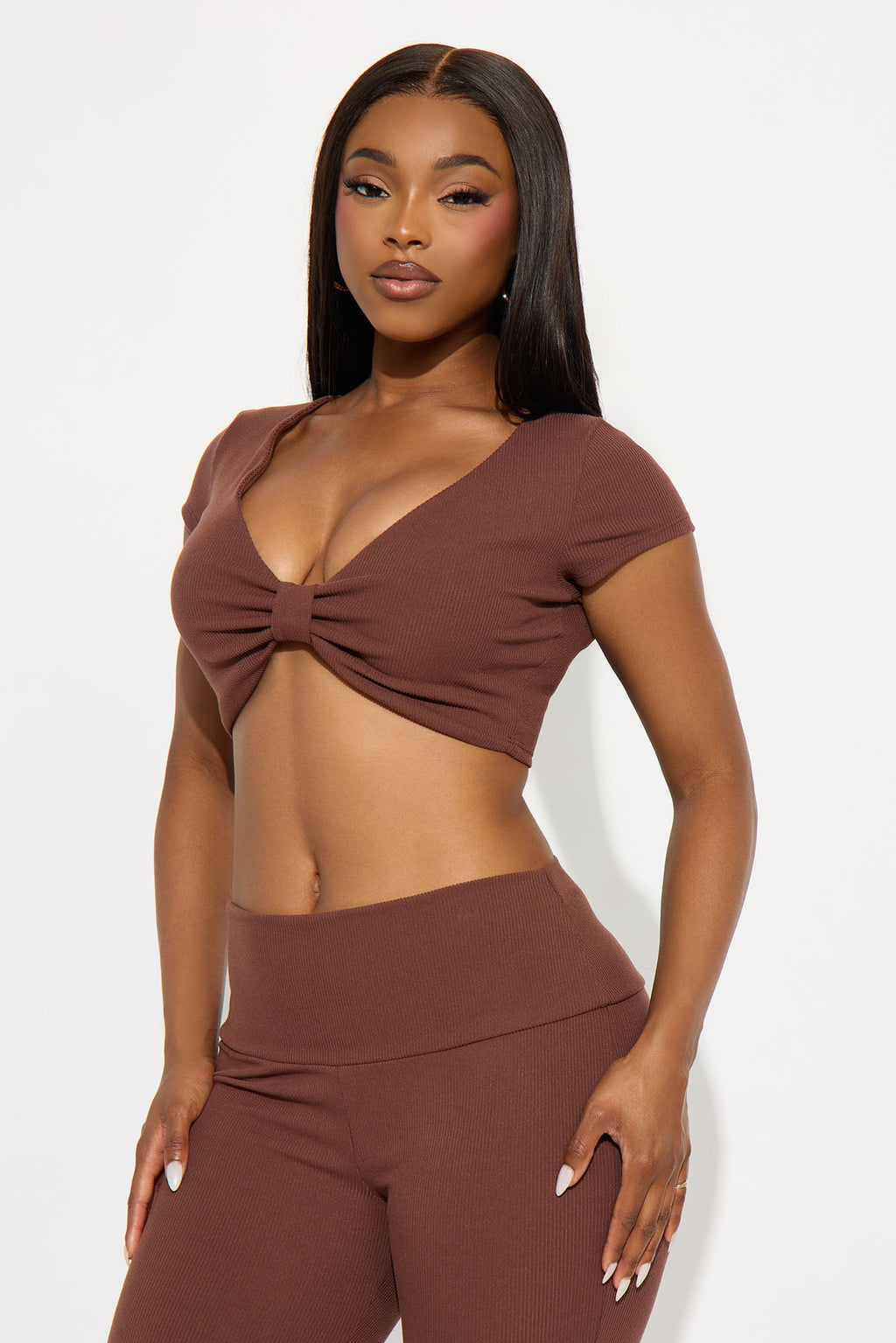 Pilates Princess Bow Flare Leg Pant Set - Mocha