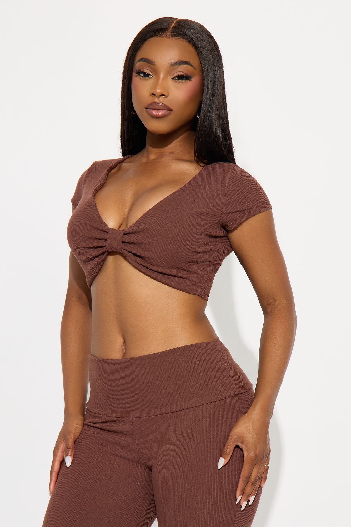 Pilates Princess Bow Flare Leg Pant Set - Mocha