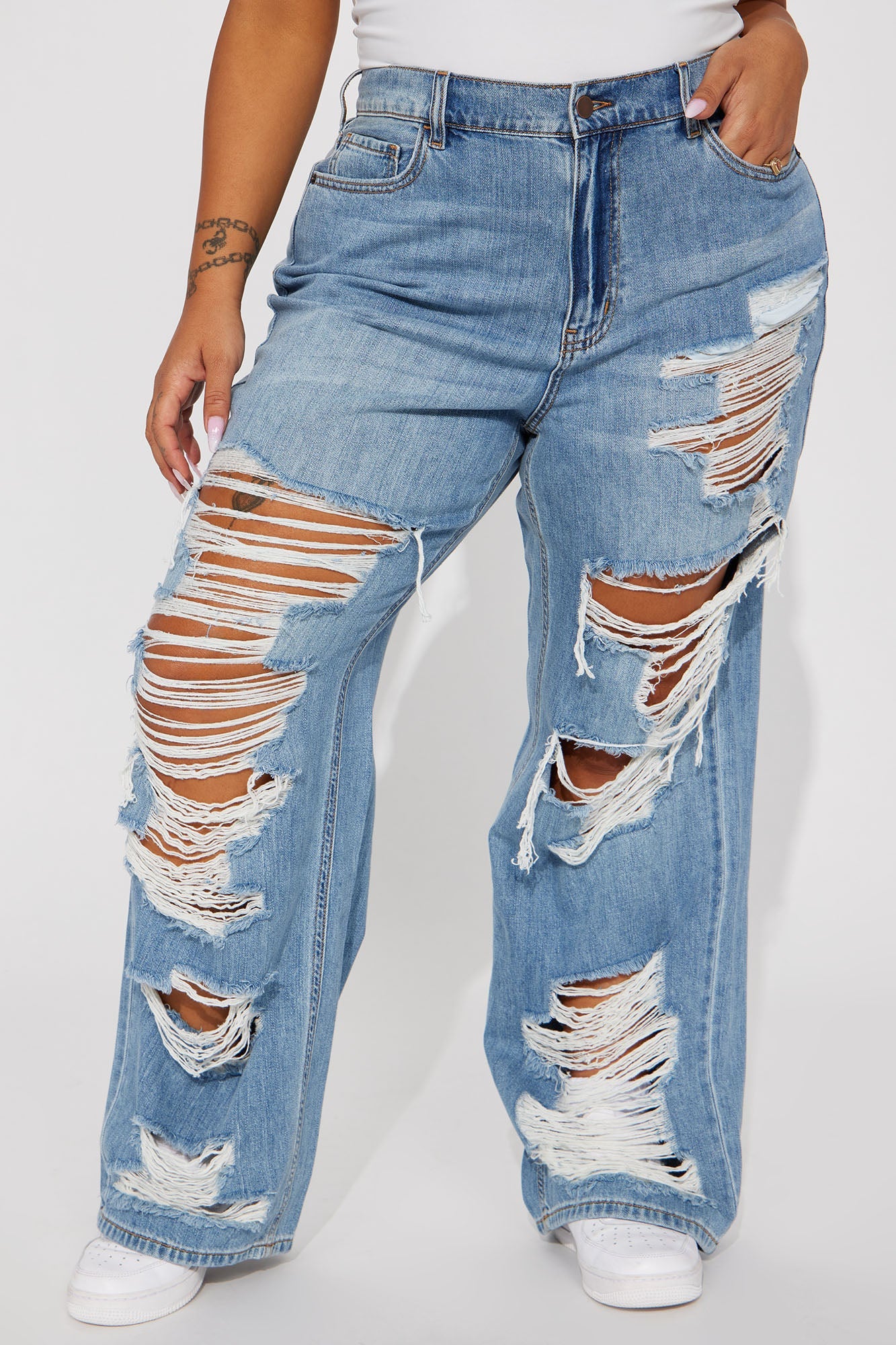 Sydney Shredded Non Stretch Loose Jeans - Medium Wash