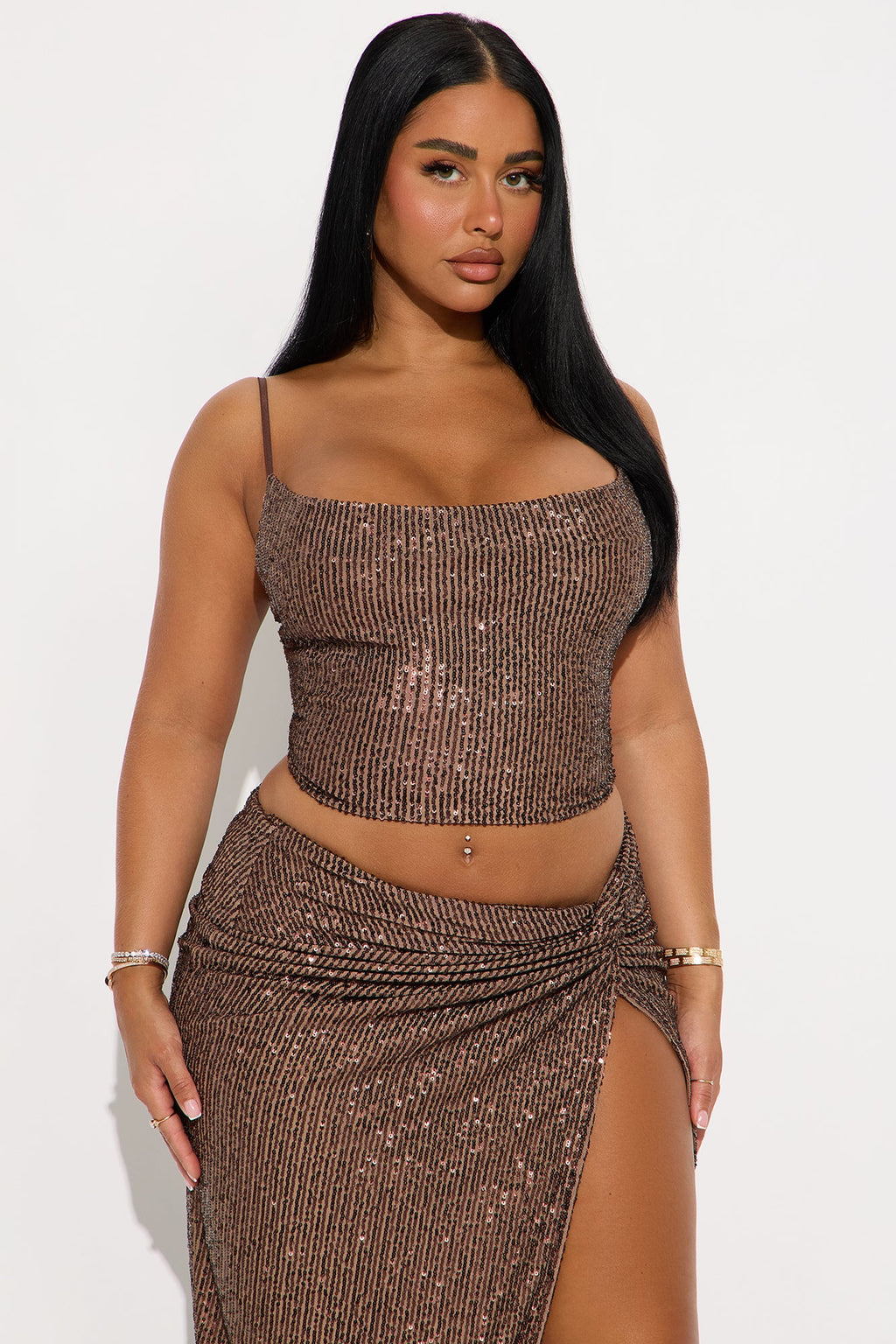Side Of Spice Sequin Maxi Skirt Set - Chocolate