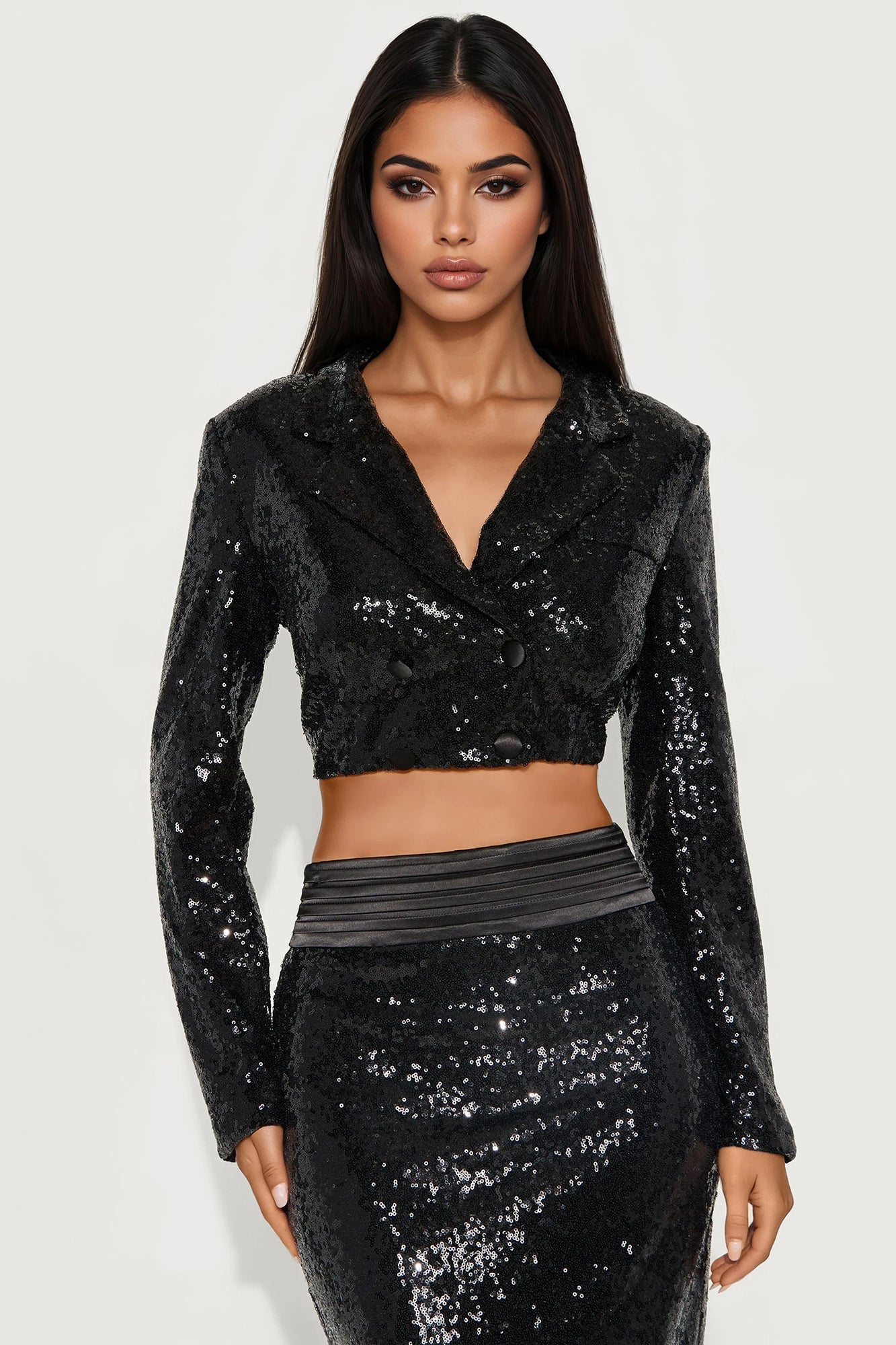 Play My Song Sequin Blazer And Maxi Skirt Set - Black
