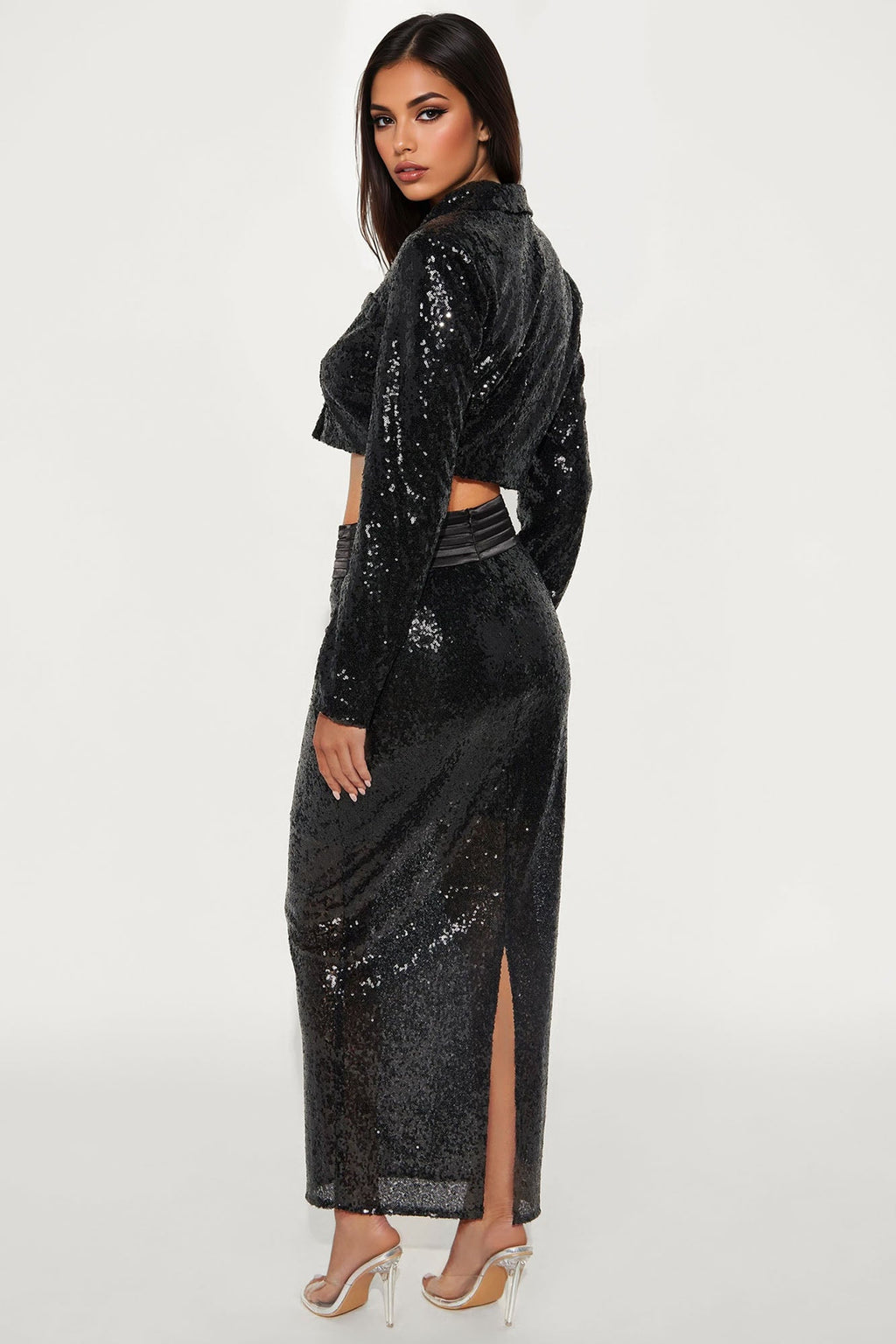 Play My Song Sequin Blazer And Maxi Skirt Set - Black