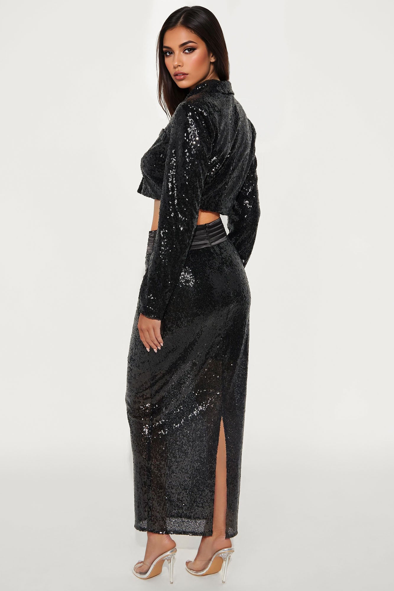 Play My Song Sequin Blazer And Maxi Skirt Set - Black