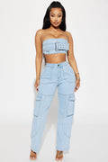 Go All Out Denim Pant Set - Light Wash
