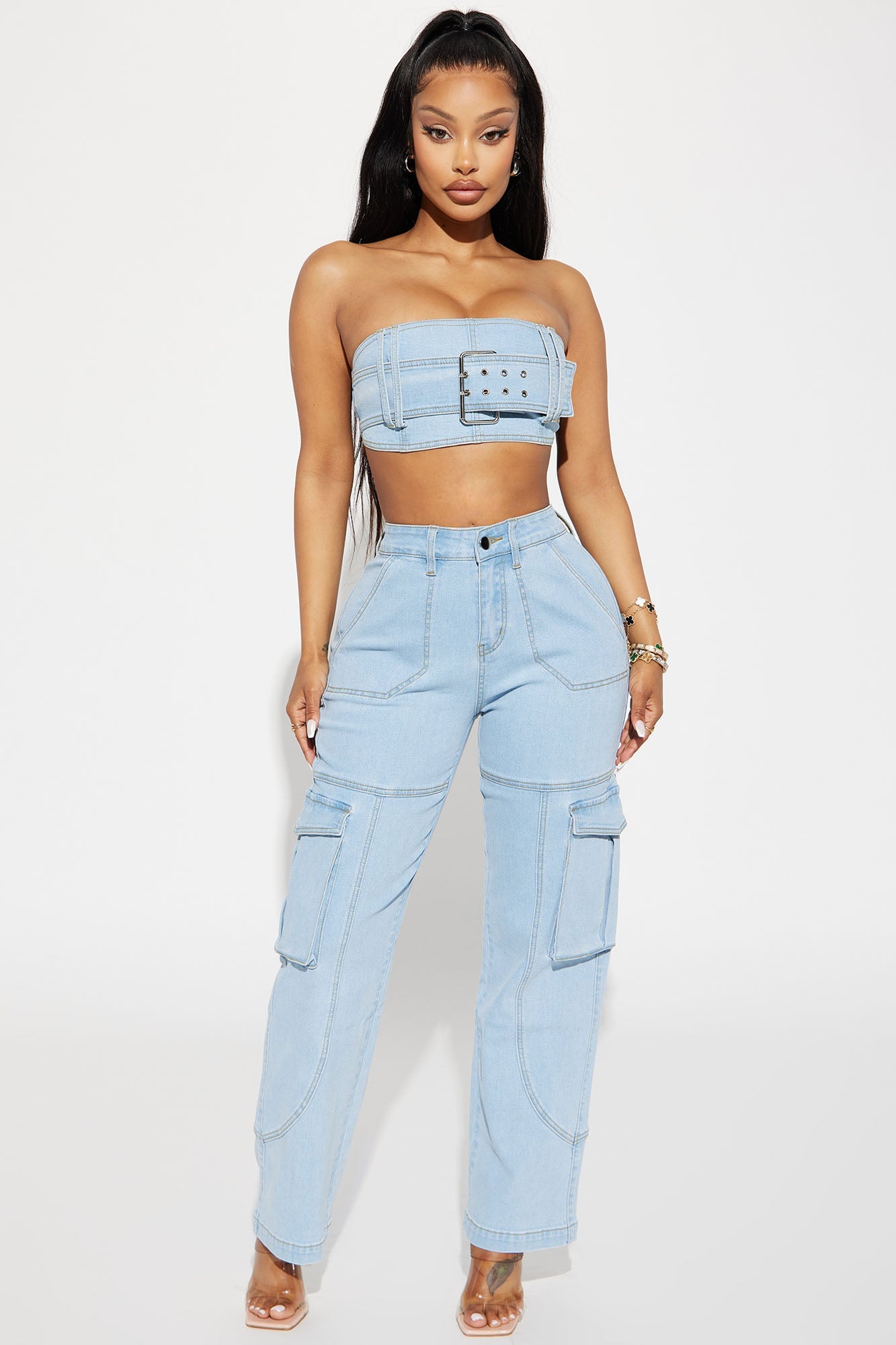 Go All Out Denim Pant Set - Light Wash
