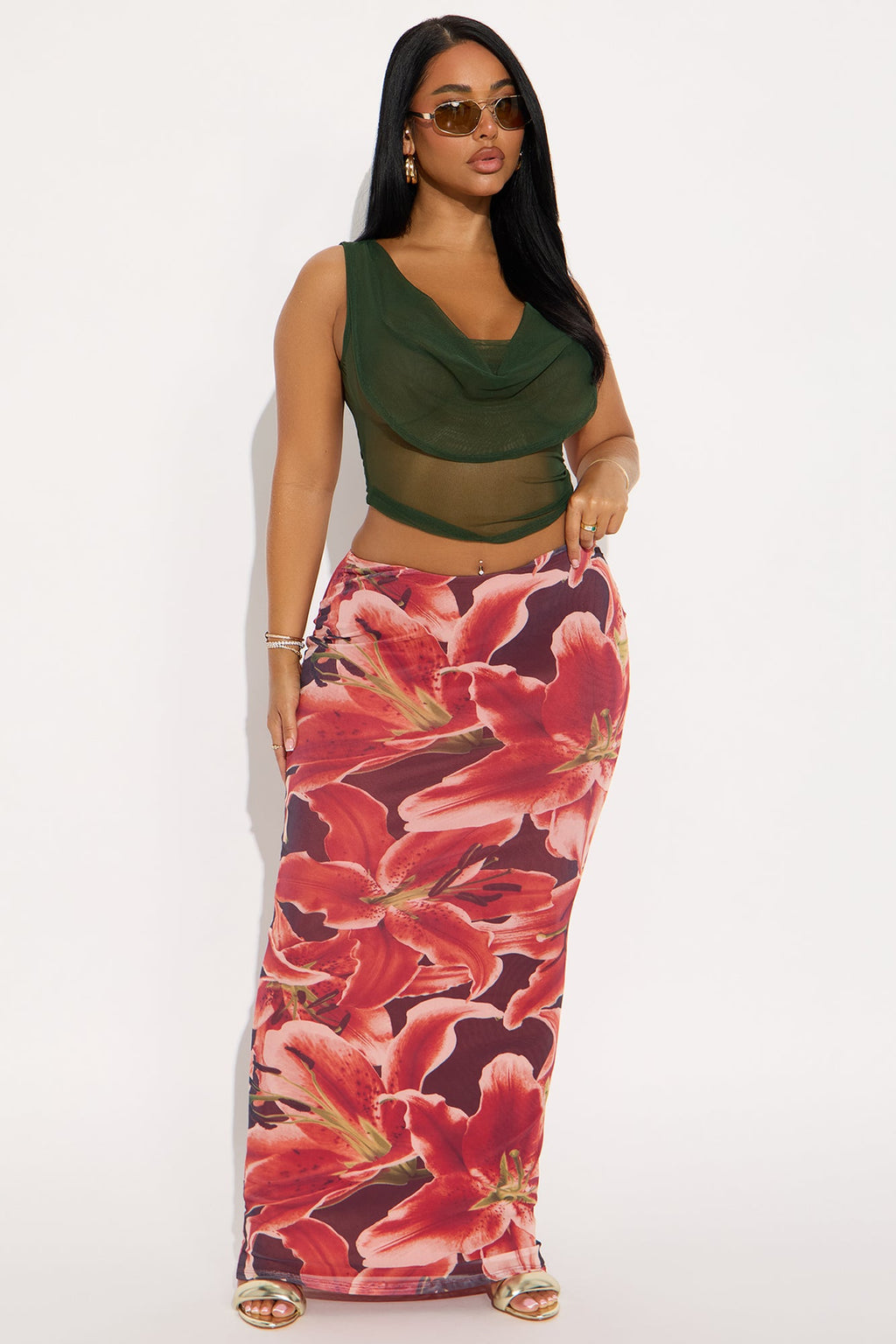 Late Nights In Santorini Floral Mesh Maxi Skirt - Orange/combo