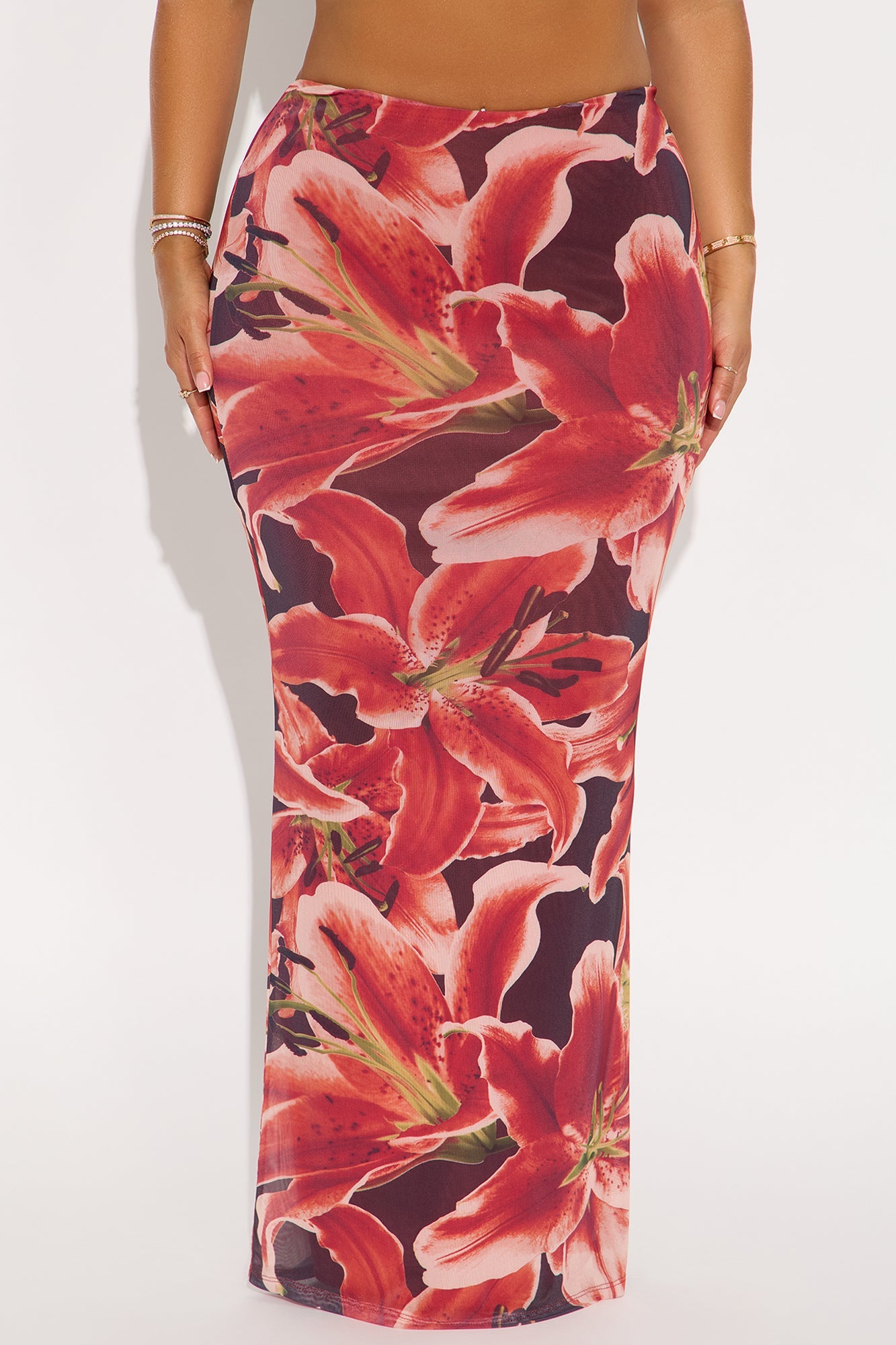 Late Nights In Santorini Floral Mesh Maxi Skirt - Orange/combo