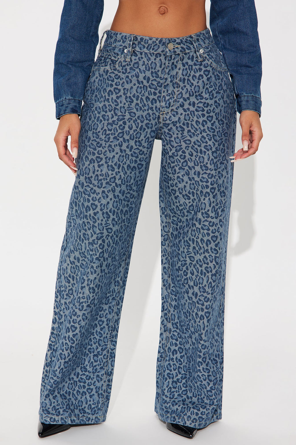 Ferociously Leopard Print Wide Leg Jeans - Medium Wash