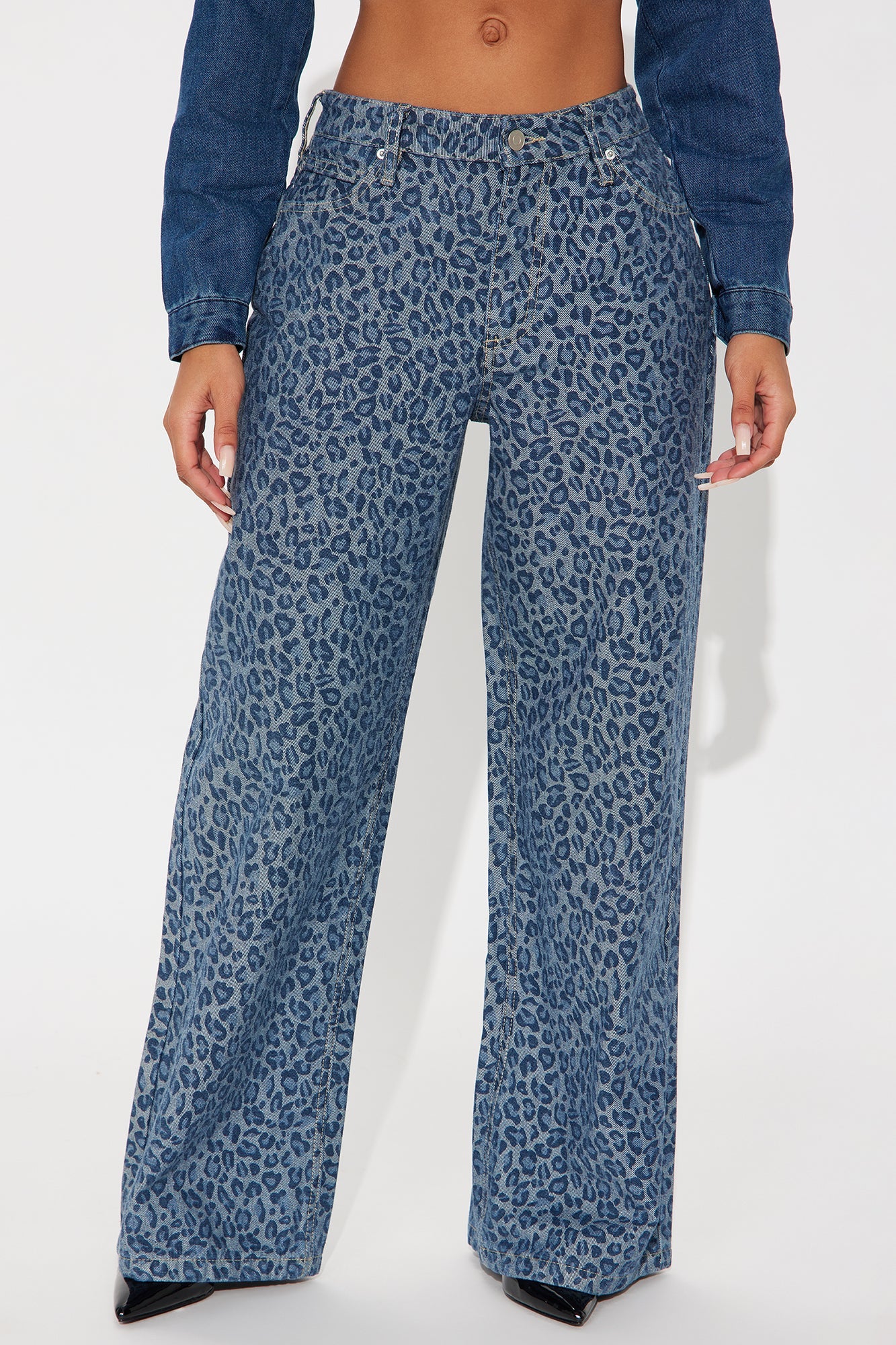 Ferociously Leopard Print Wide Leg Jeans - Medium Wash