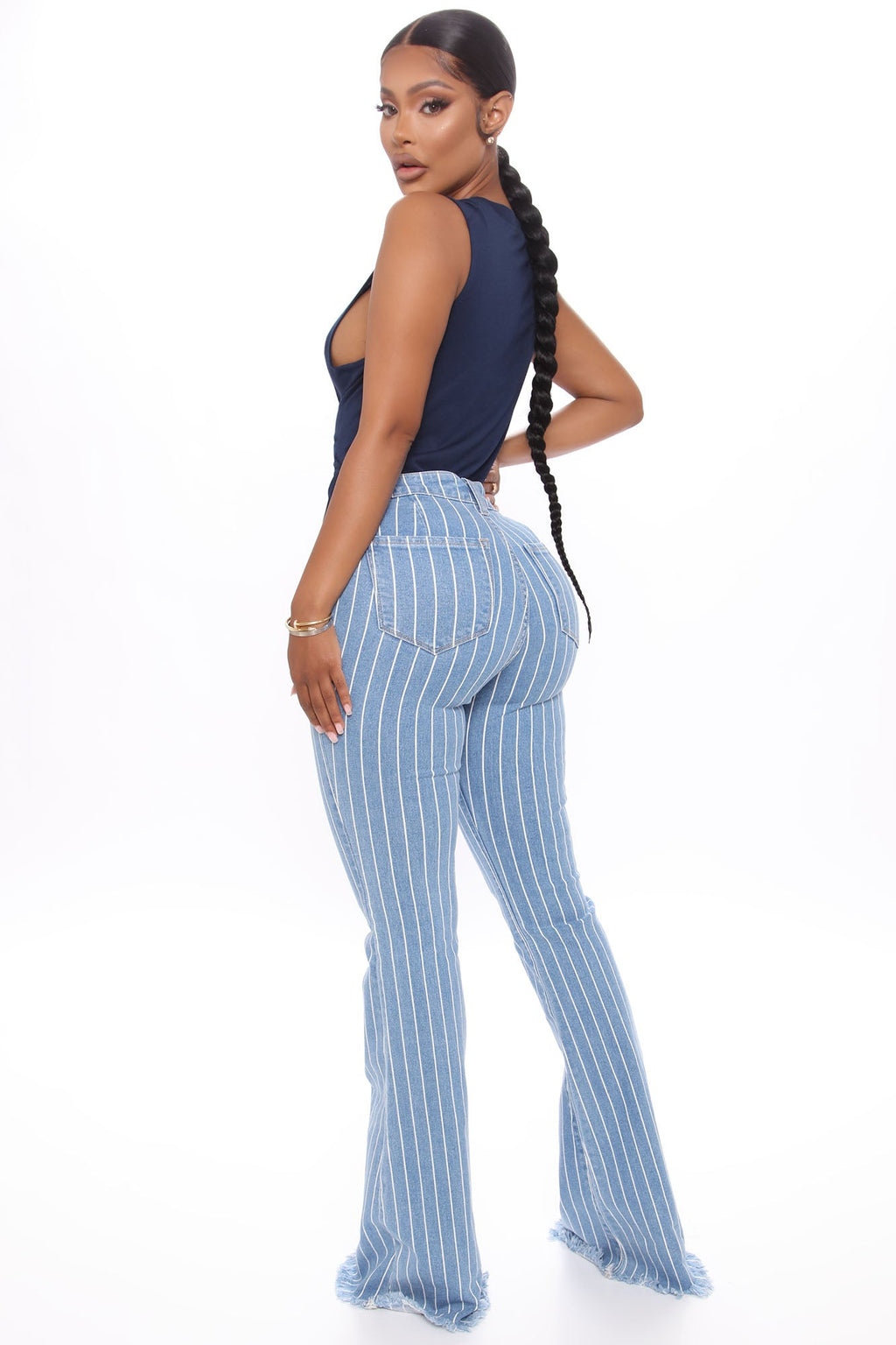 Crossed The Line Striped Flare Jeans - Light Blue Wash