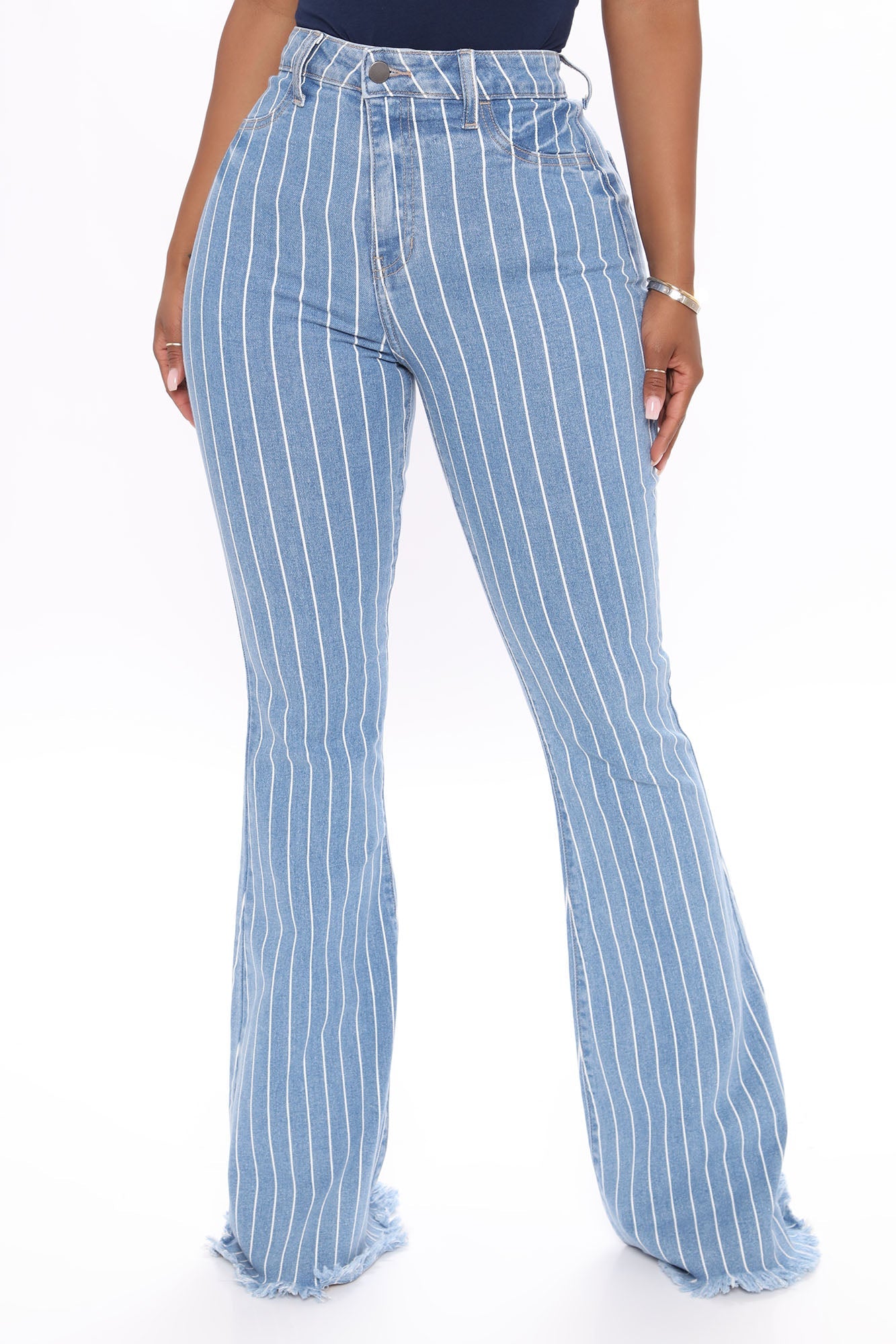 Crossed The Line Striped Flare Jeans - Light Blue Wash