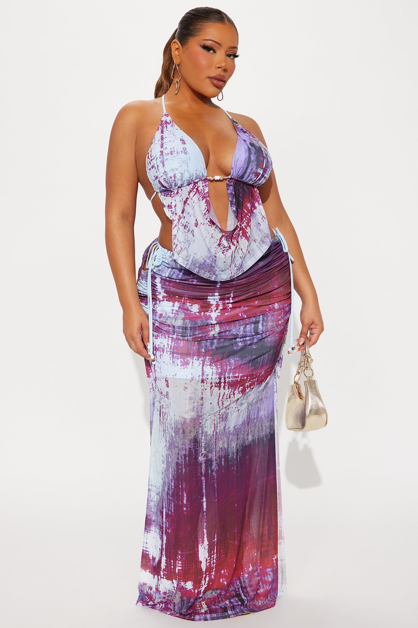 Summer Breeze Halter Top And Maxi Skirt Set - Burgundy/combo