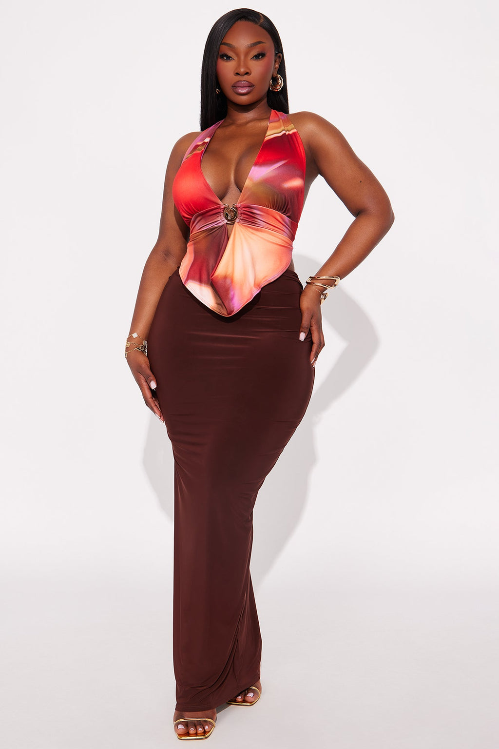 Alessandra Ruched Bodycon Maxi Skirt - Chocolate