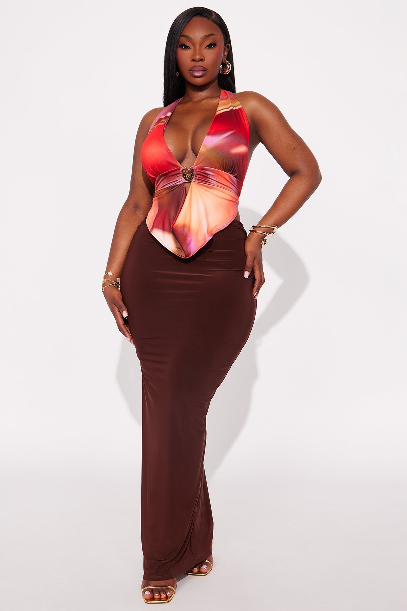 Alessandra Ruched Bodycon Maxi Skirt - Chocolate