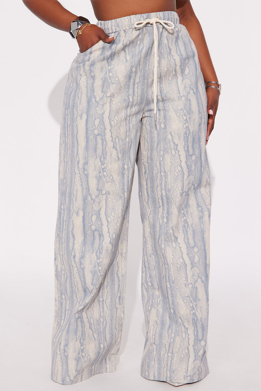 Watermark Pull On Printed Wide Leg Jeans - Blue Wash