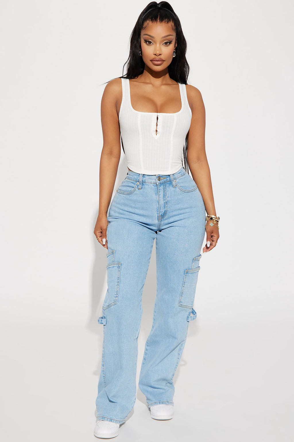 Step By Step Utility Straight Leg Jeans - Light Wash