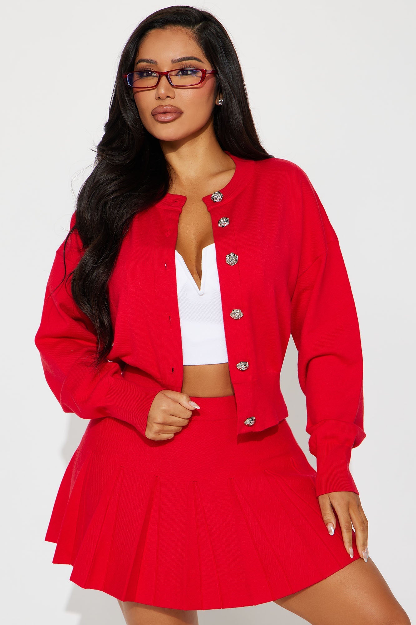 Kept Secret Pleated Skirt Set - Red
