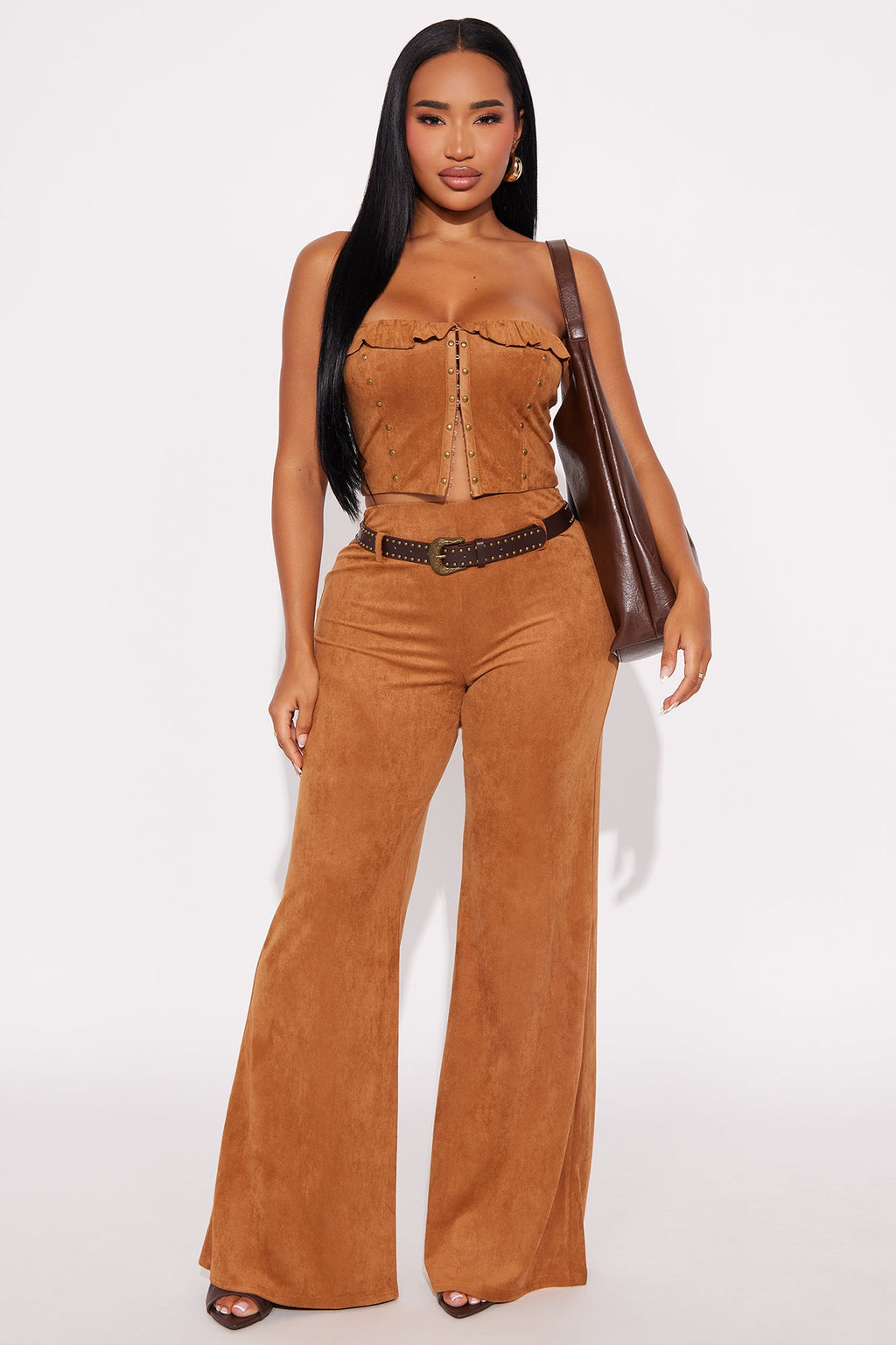 Monica Faux Suede 3 Piece Belted Pant Set - Camel