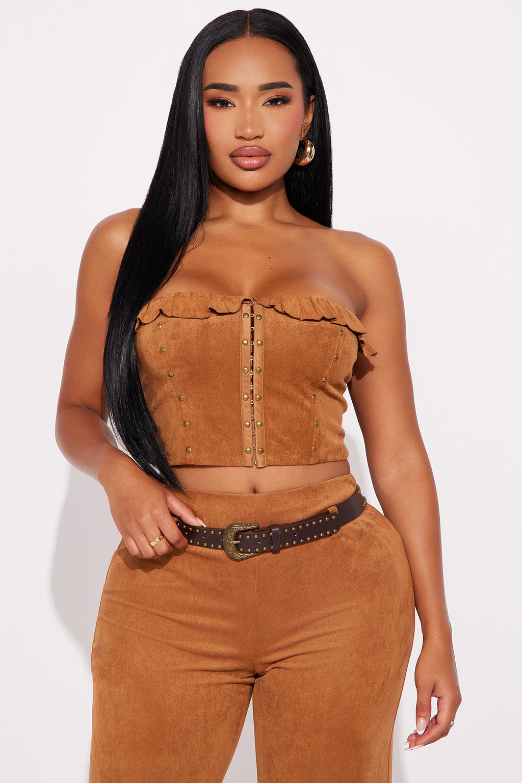 Monica Faux Suede 3 Piece Belted Pant Set - Camel