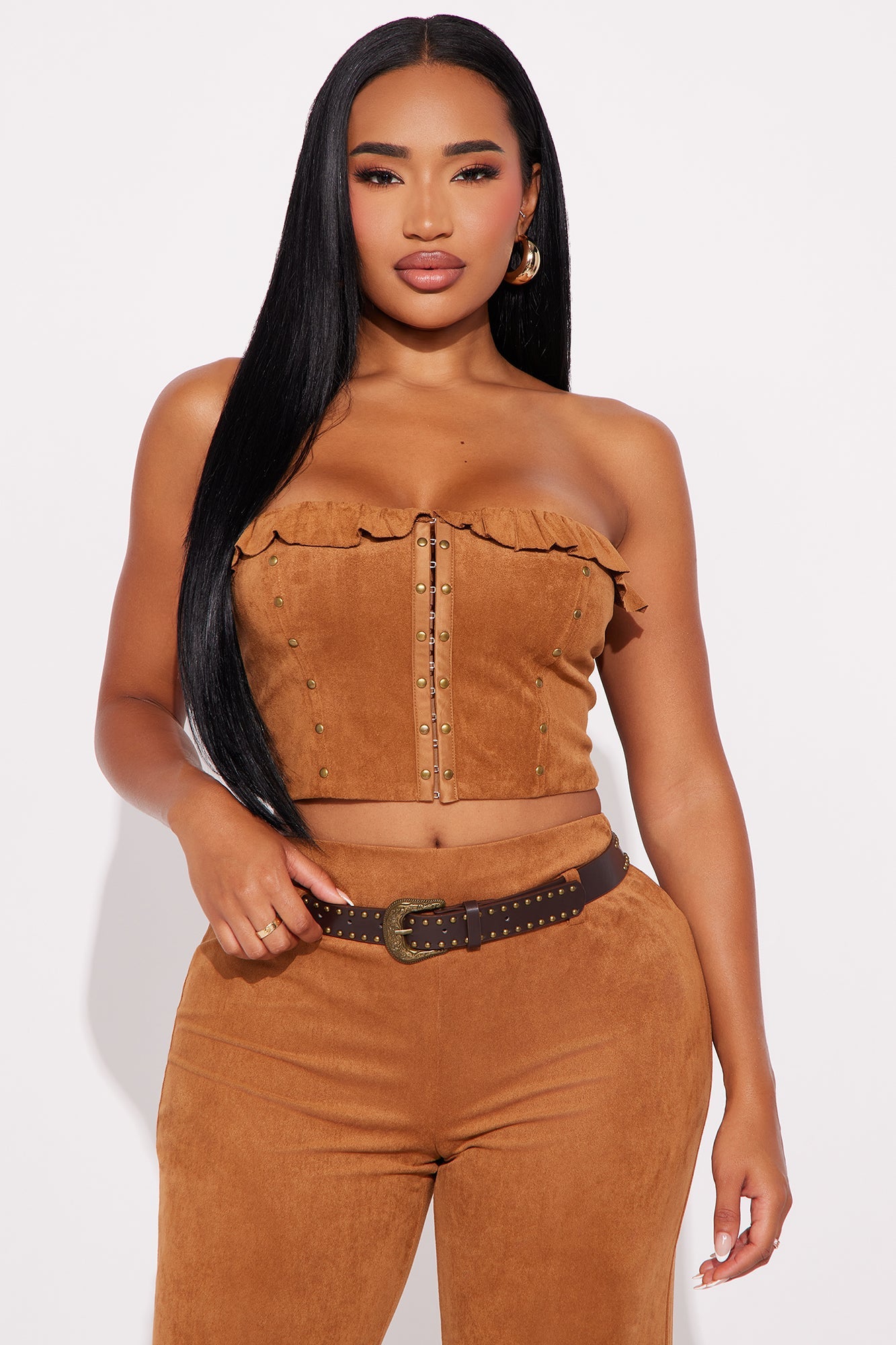 Monica Faux Suede 3 Piece Belted Pant Set - Camel