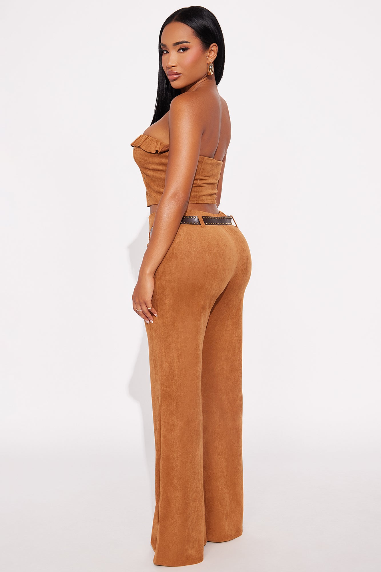 Monica Faux Suede 3 Piece Belted Pant Set - Camel