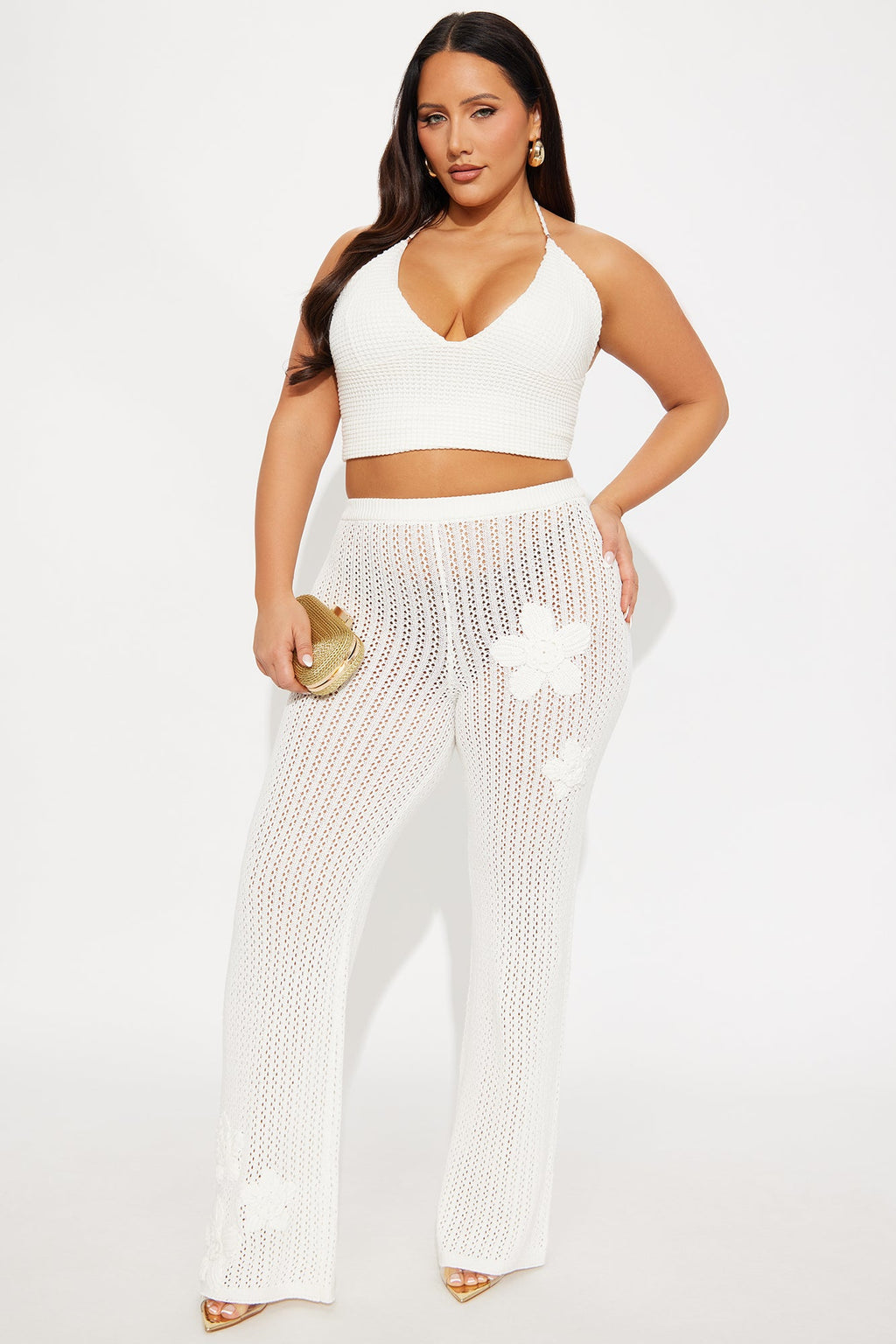 Island Breeze Embroidered Crochet Flare Pant - Cream