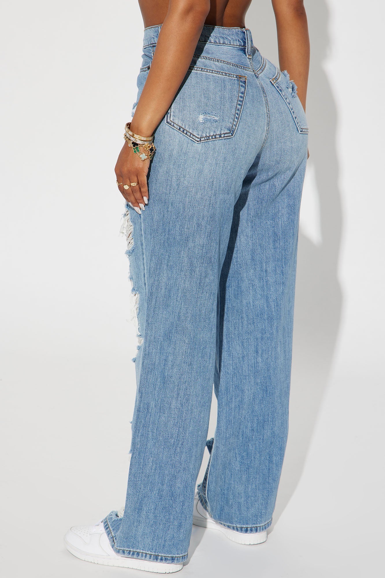 Sydney Shredded Non Stretch Loose Jeans - Medium Wash