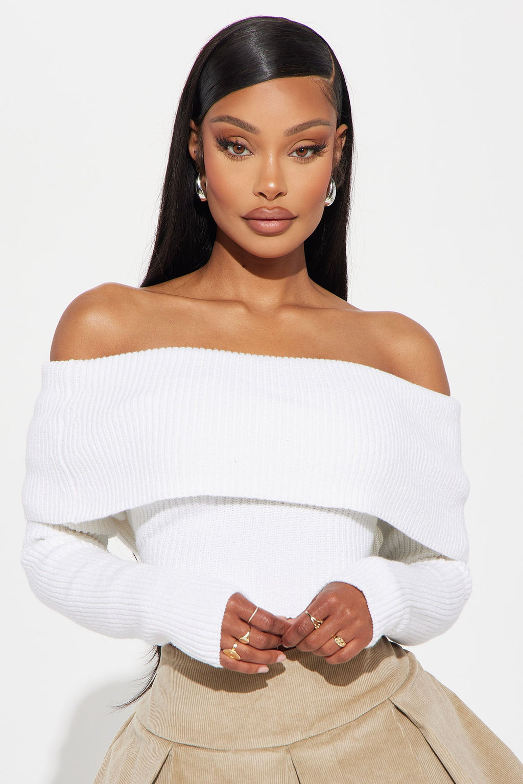 City Chic Off Shoulder Sweater - Ivory