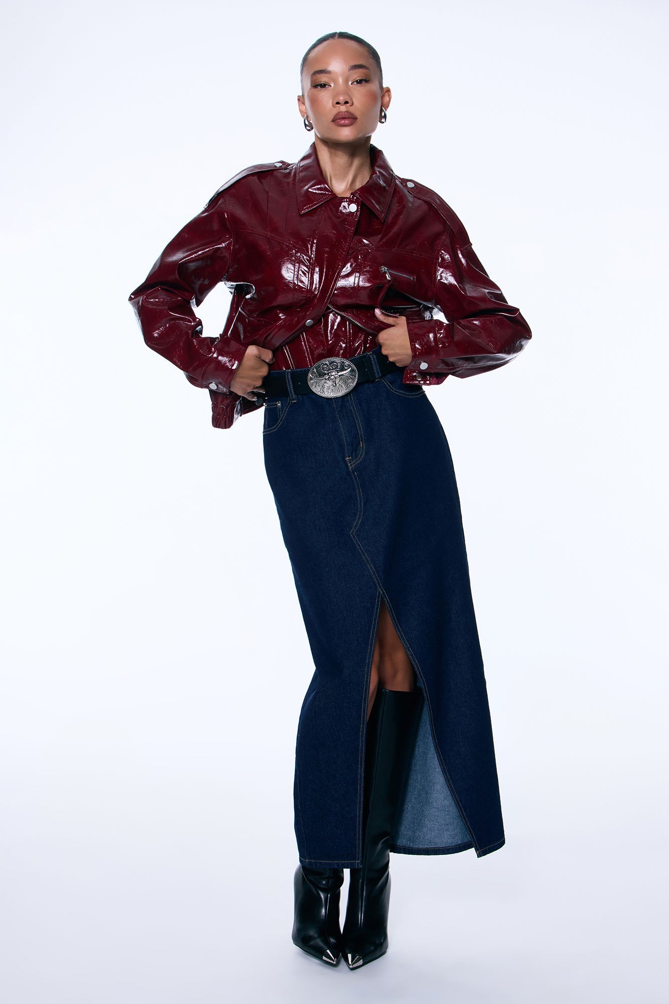 Miranda Denim Front Slit Midi Skirt - Dark Wash