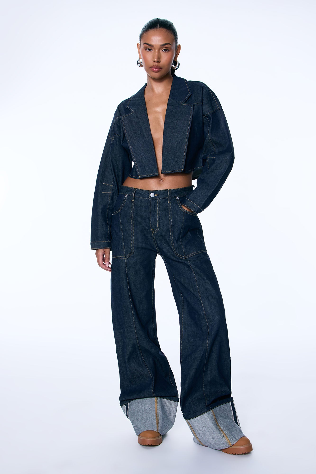 Premium Selvedge Cropped Denim Blazer - Dark Denim