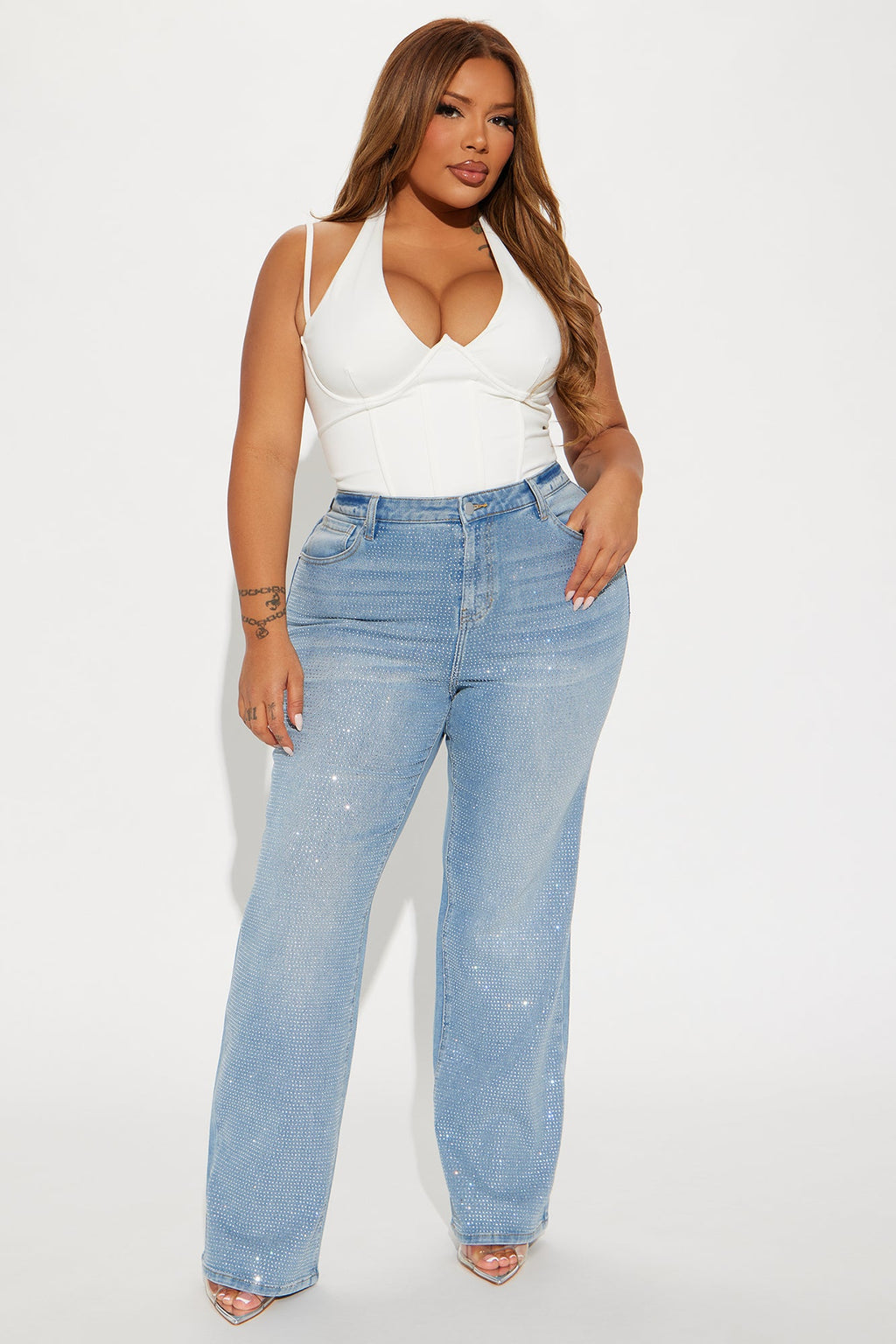 Zahra Stretch Embellished Straight Leg Jeans - Light Wash